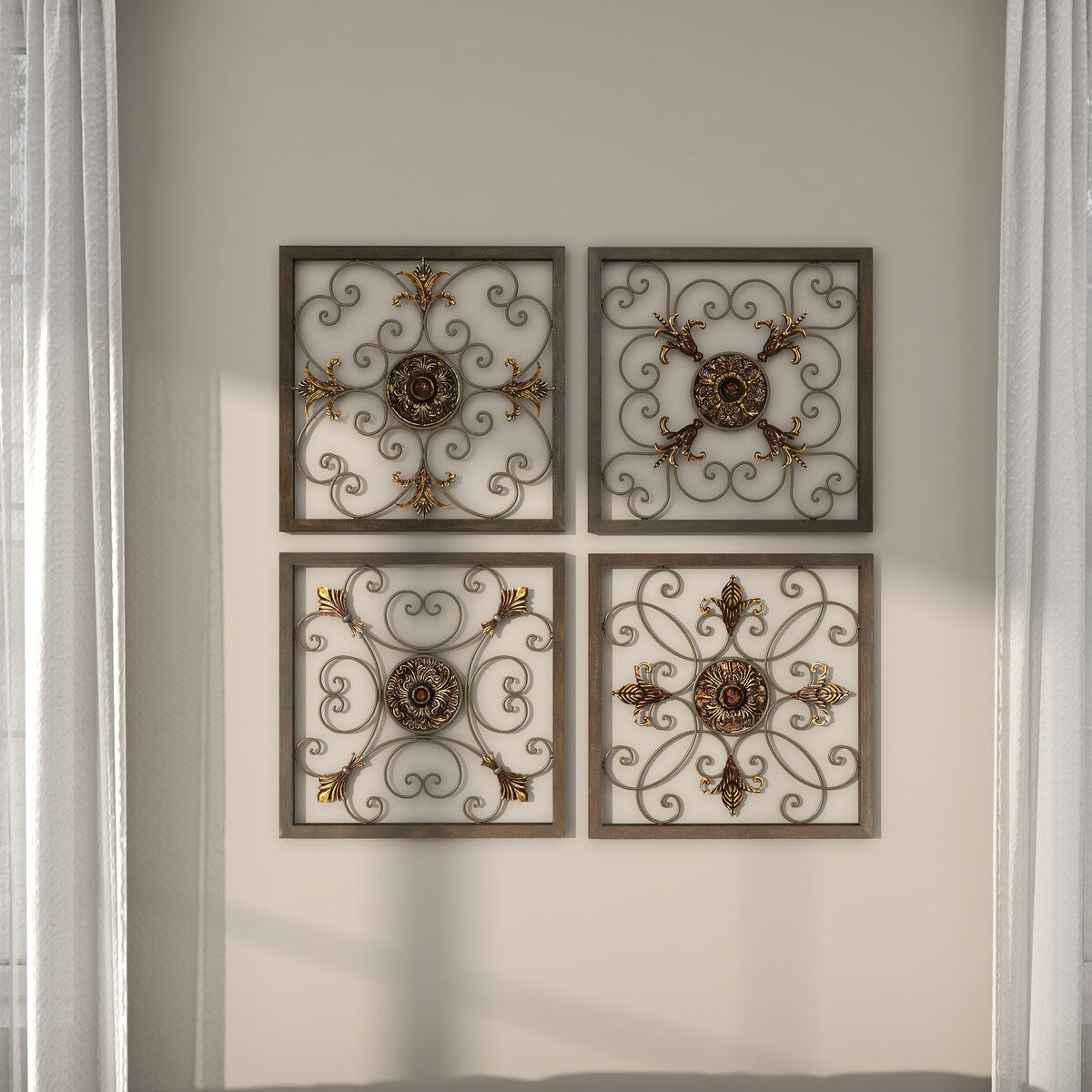 Metal Fleur De Lis Wire Scroll Home Wall Decor with Gold Accents - Set of 4 Brown - Roche River Decor