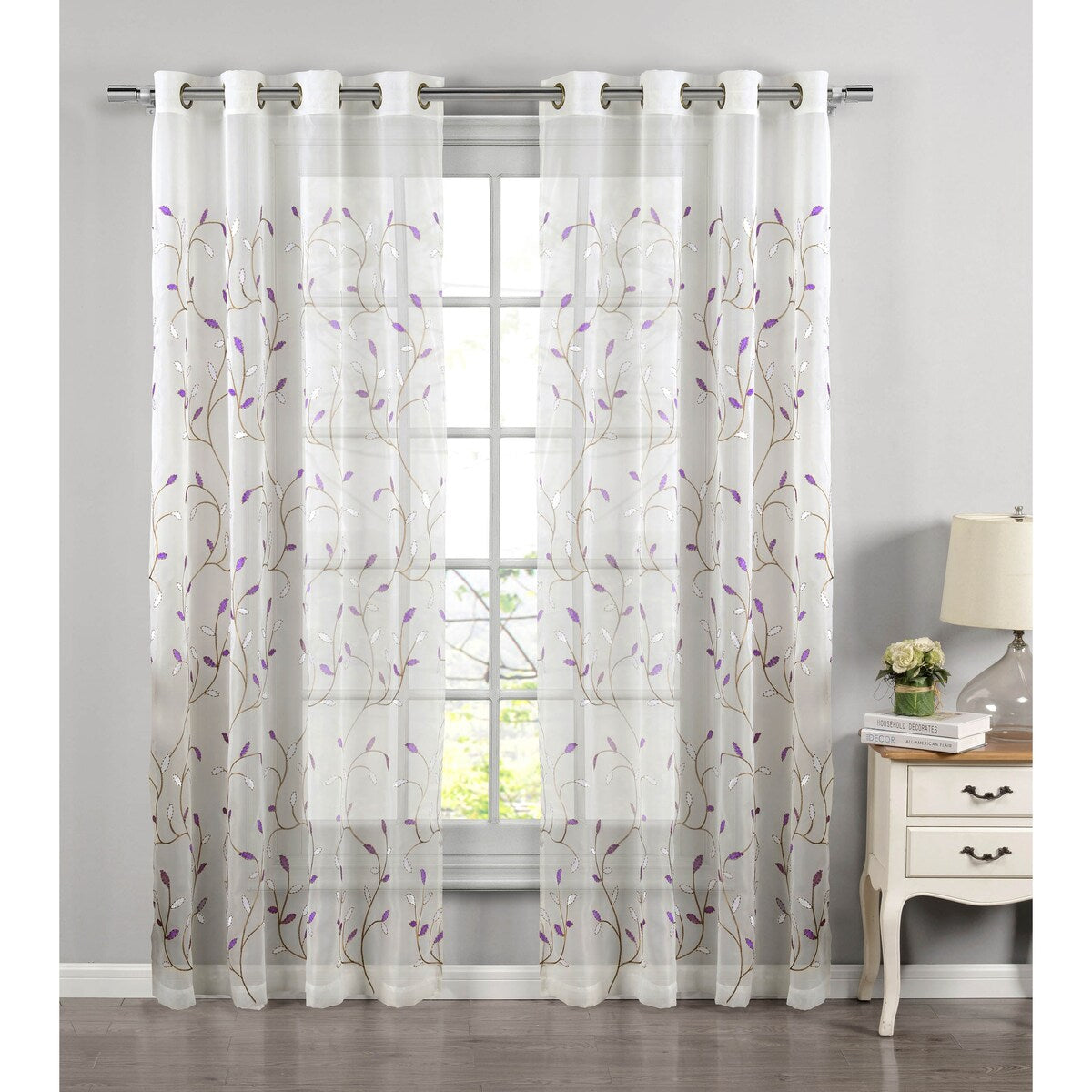 Wavy Leaves Embroidered Sheer Extra Wide Window Curtain (Single Panel)