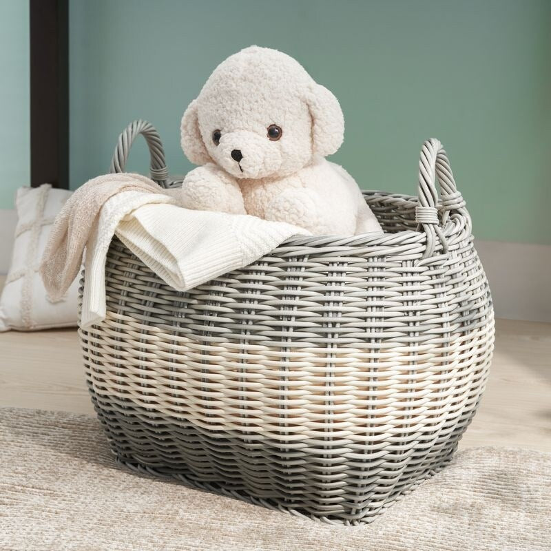 Zita Oval Resin Woven Wicker Multi-Use Storage Basket with Handles - 18 x 15 x 15 - White-Gray - 18 x 15 x 15