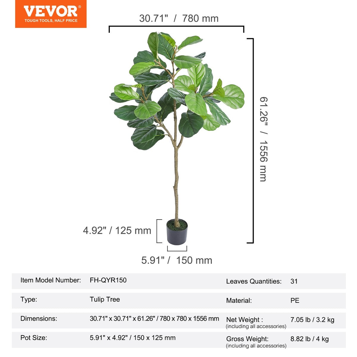 VEVOR Artificial Fiddle Leaf Fig Tree,Lifelike Green Fake Potted Tree for Home Office Warehouse Decor Indoor Outdoor