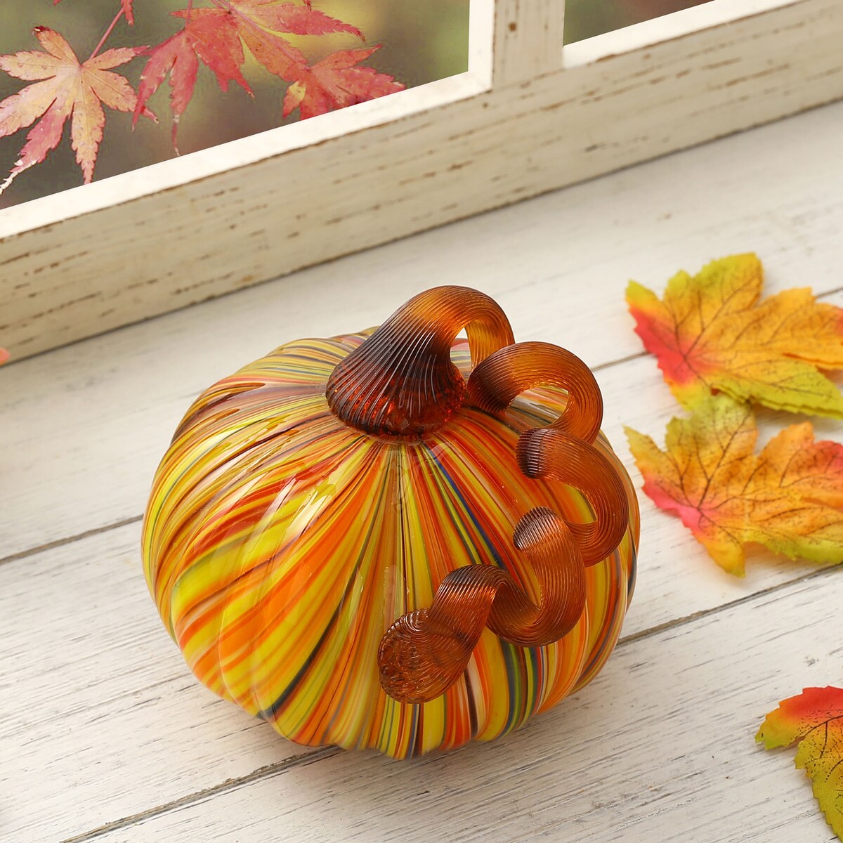 Glitzhome Fall Harvest Multi Striped Handblown Glass Pumpkins for Thanksgiving Decor