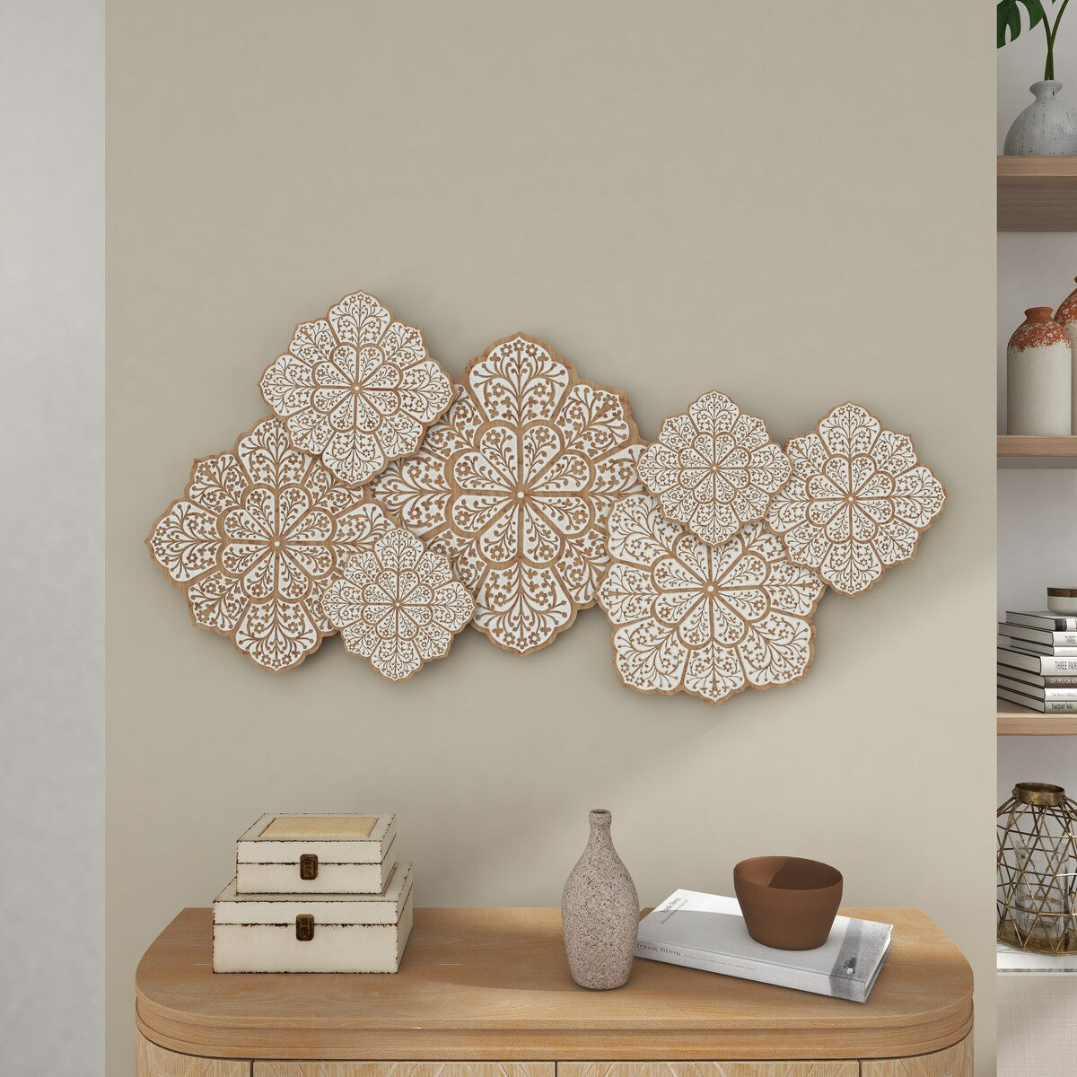 Wood Floral Intricately Carved Home Wall Decor - White - Roche River Decor