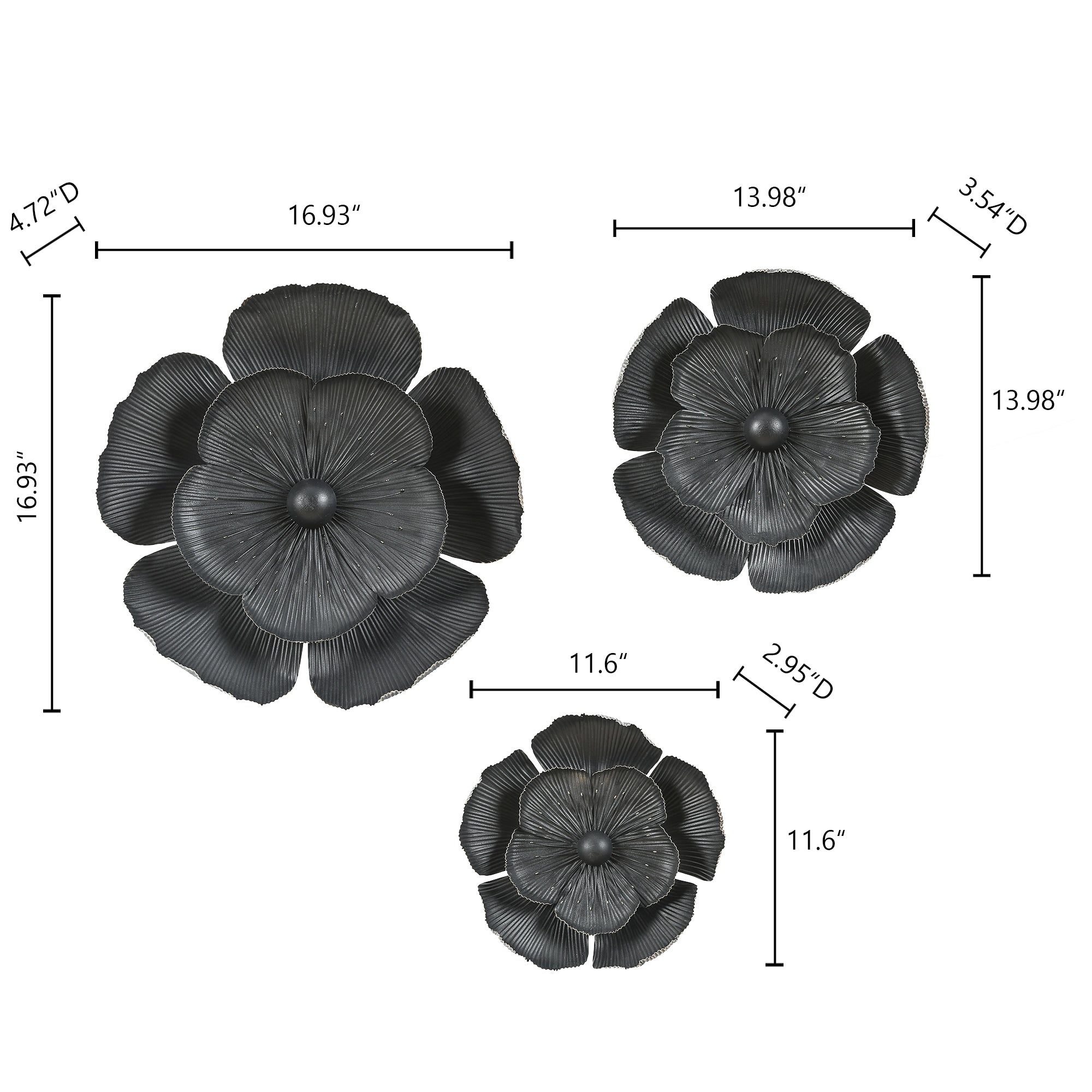 Black Multi-Size Metal Flowers Wall Decor (Set of 3)