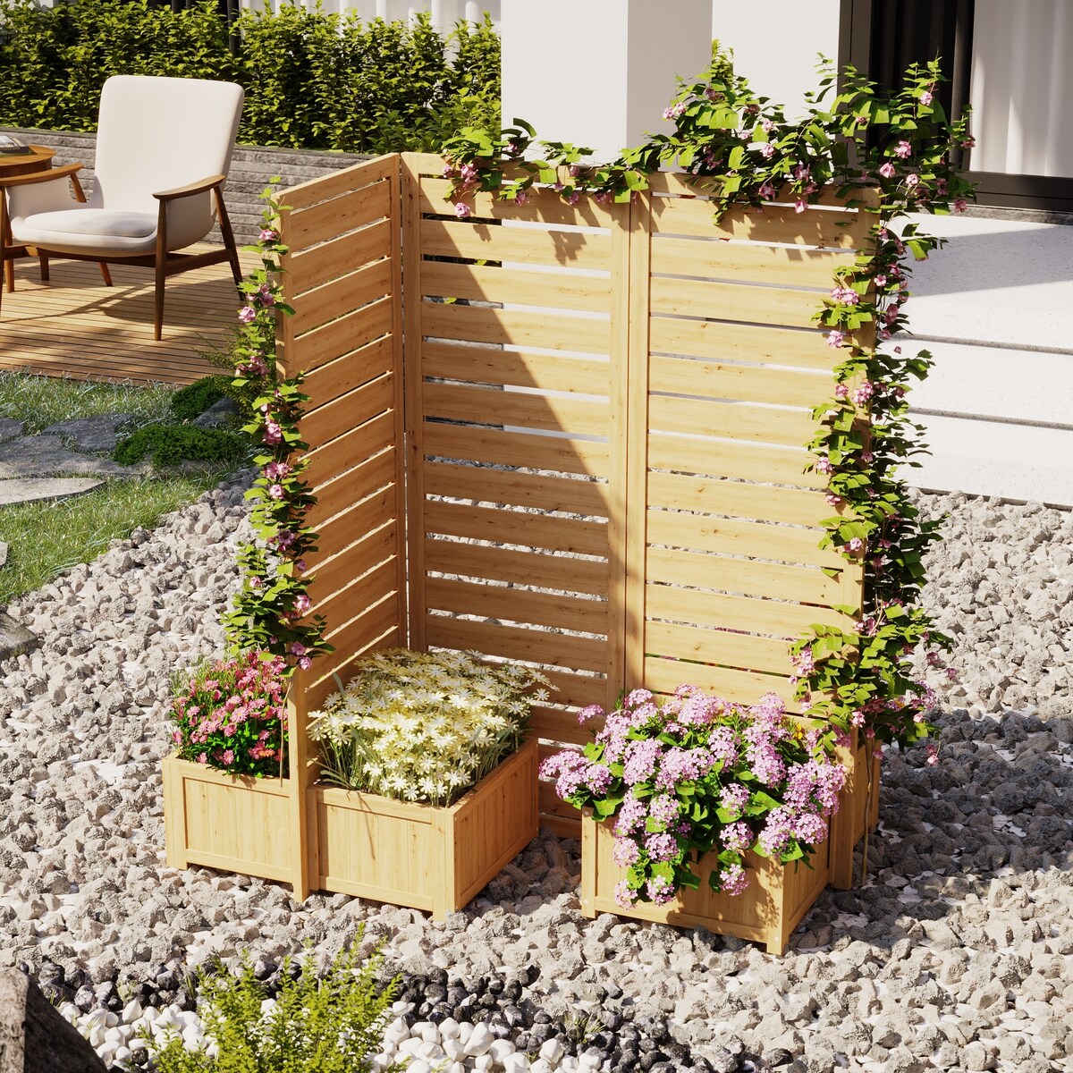 Cedar Tri-Fold Privacy Screen with 4 Planter Boxes, Weather-Resistant