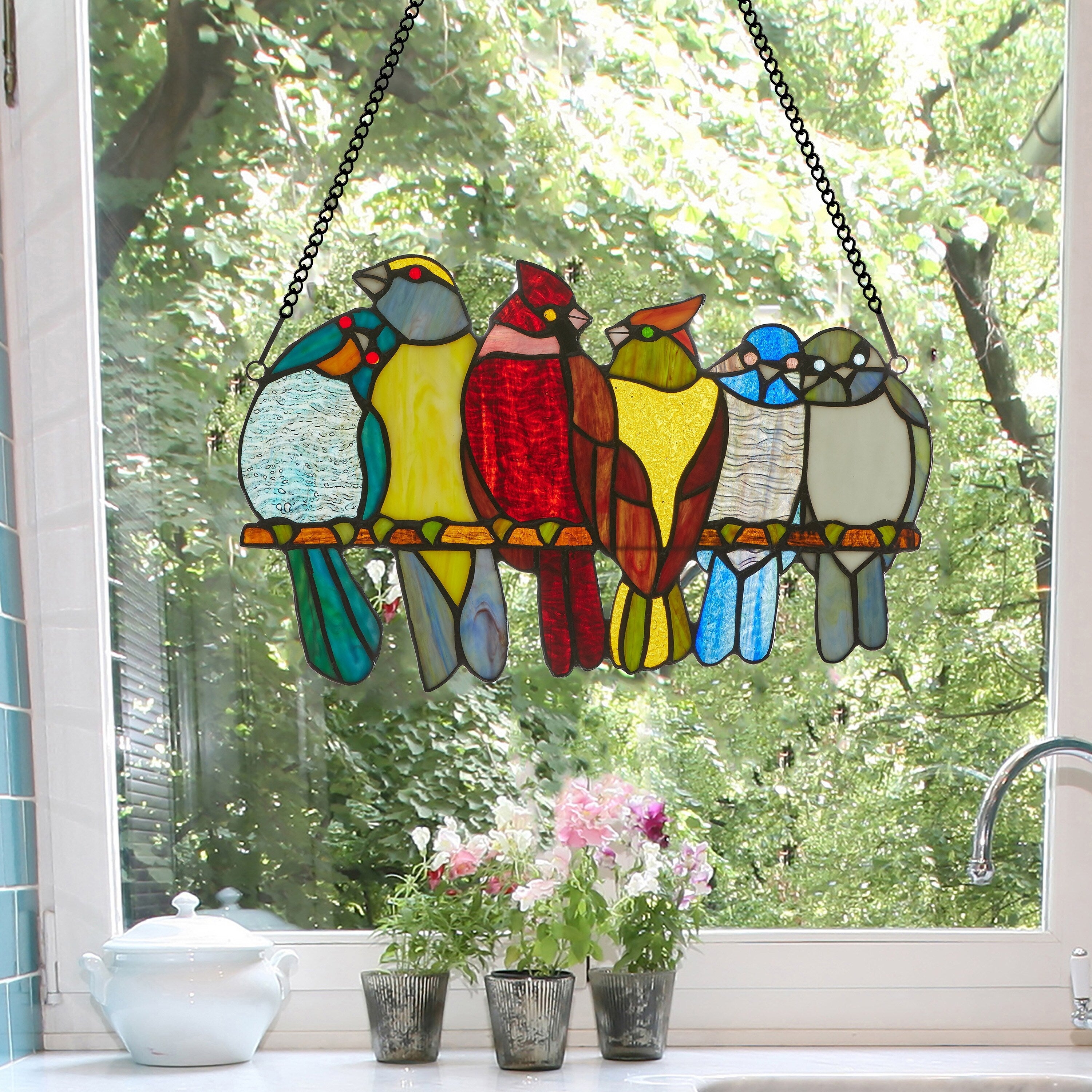 River of Goods 9.5H Birds in Love Stained Glass Window Panel - 15L x 0.25W x 9.5H