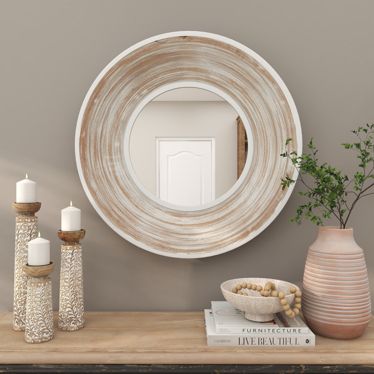 Wooden Room Wall Mirror with White Wash Effect - Cream - Roche River Decor