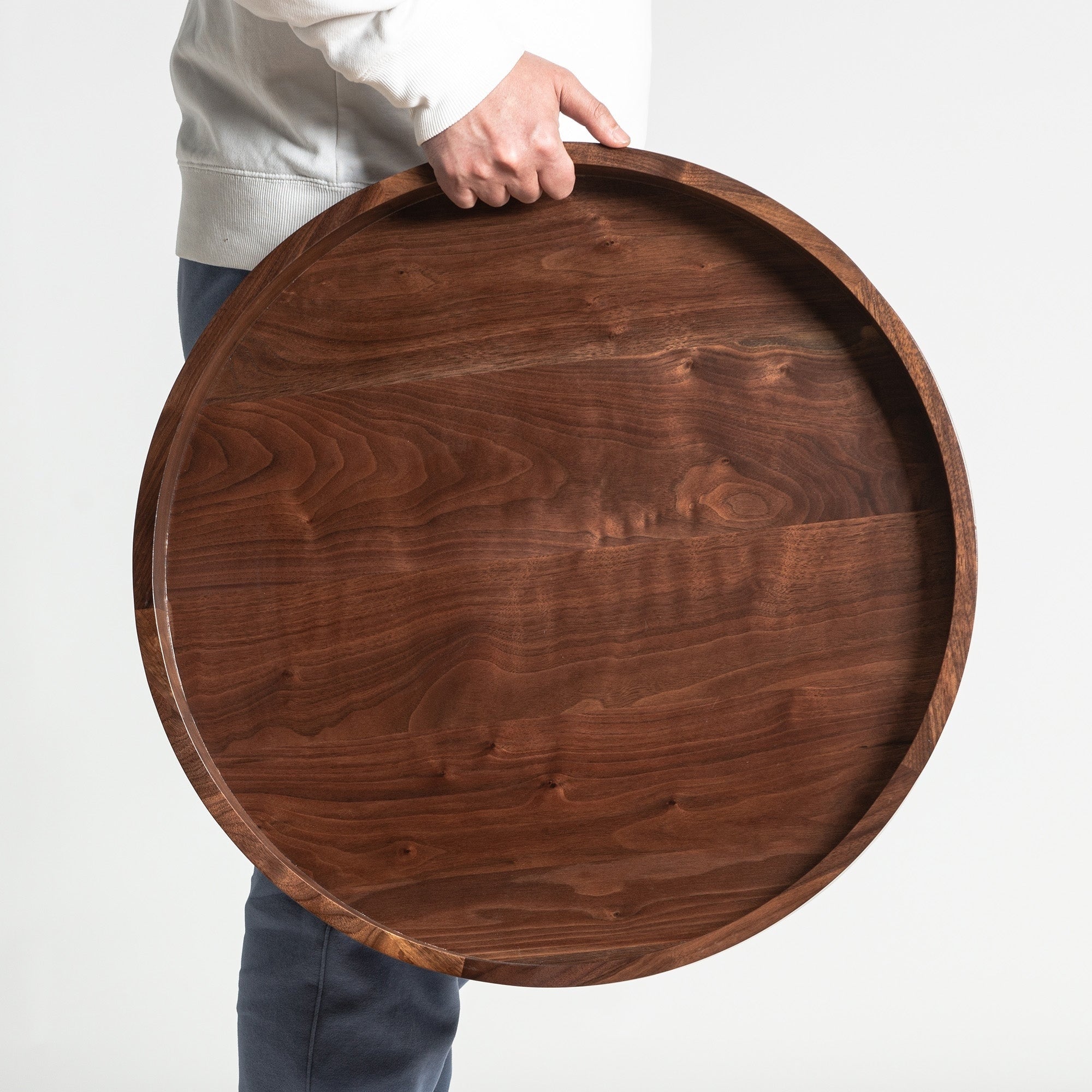 Round Black Walnut Wood Serving Tray Ottoman Tray with Handles