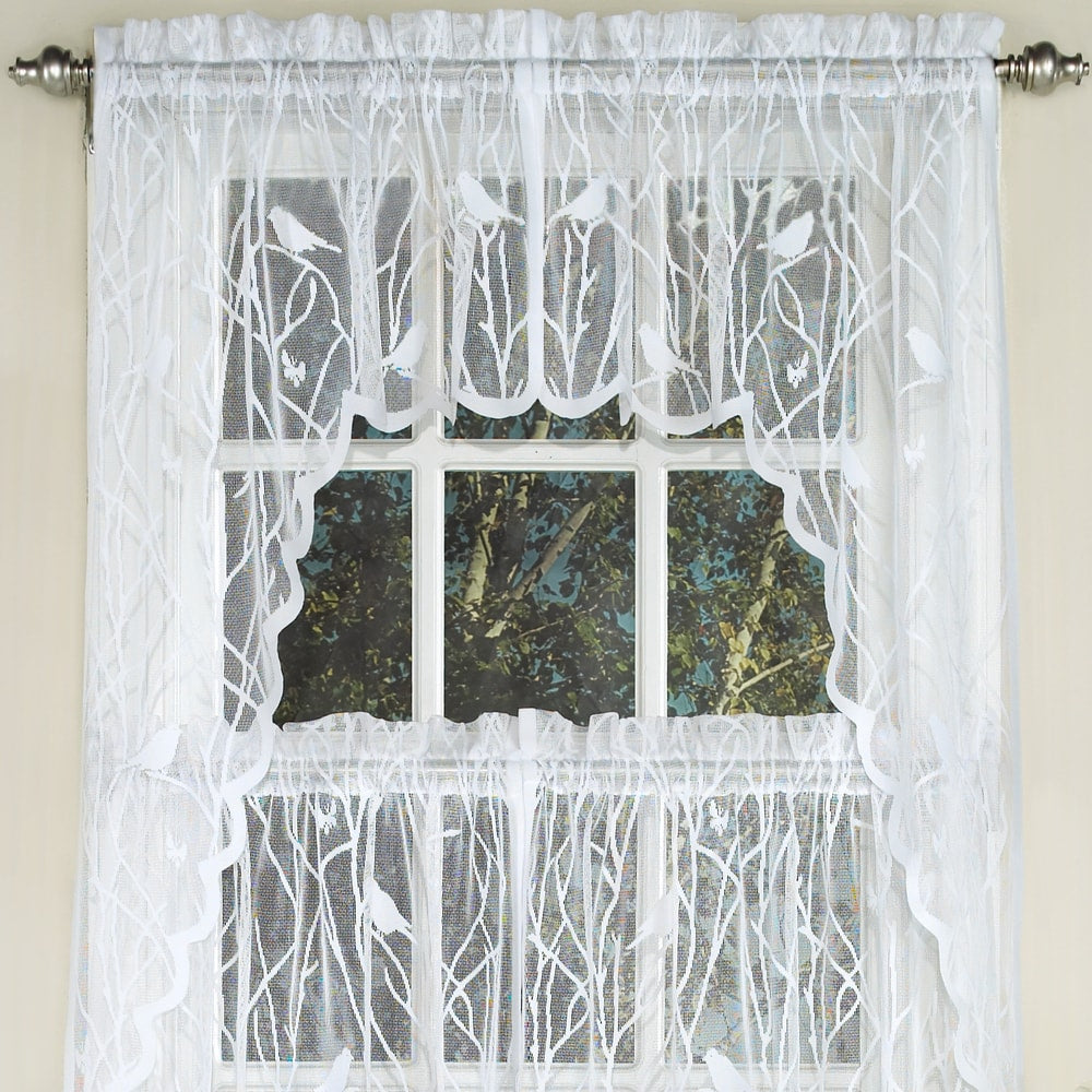 White Knit Lace Bird Motif Window Curtain Tiers, Valance and Swag Pair Options