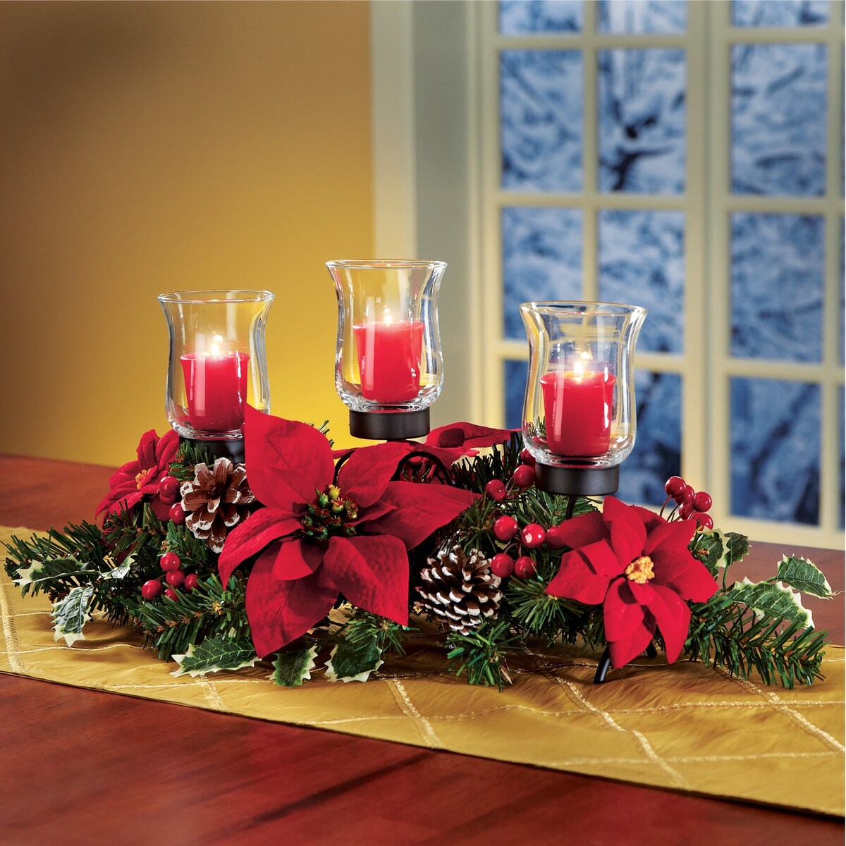 Poinsettia Christmas Candle Holder Centerpiece - 15.250 x 8.750 x 6.250