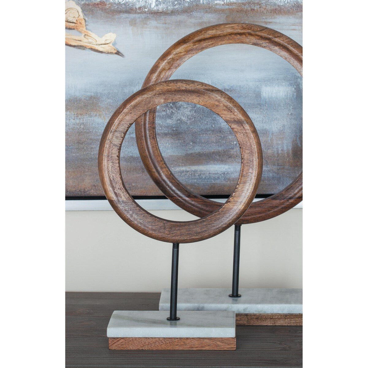 Mango Wood Geometric Circle Decorative Sculpture with Marble Stand - Brown - Roche River Decor