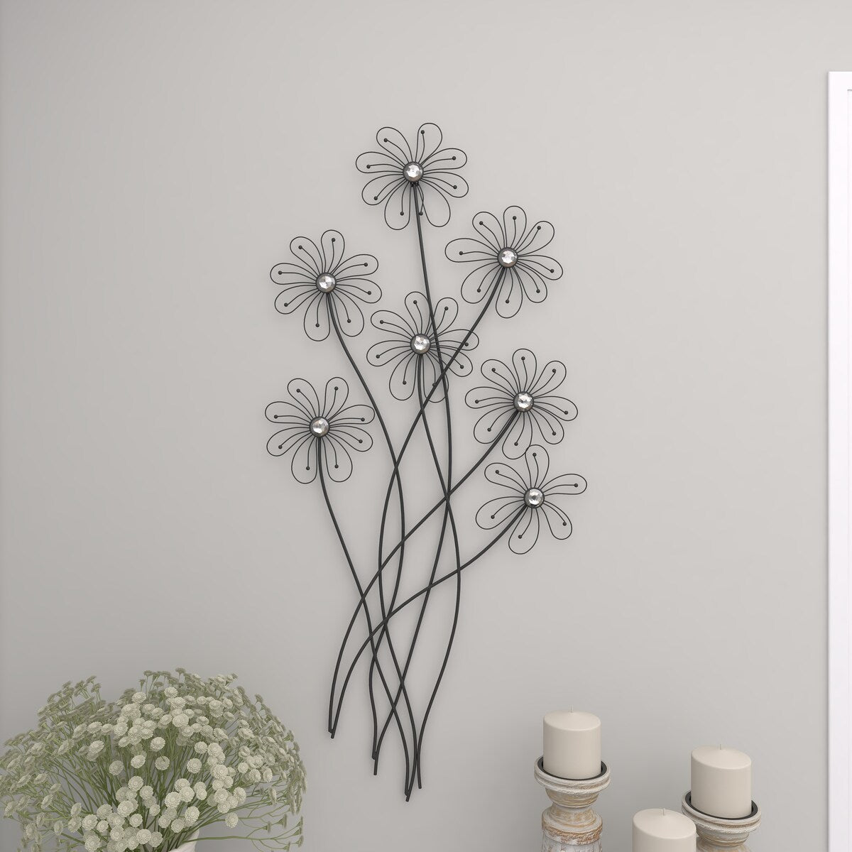 Metal Floral 3D Wire Home Wall Decor with Crystal Embellishments - Black - Roche River Decor