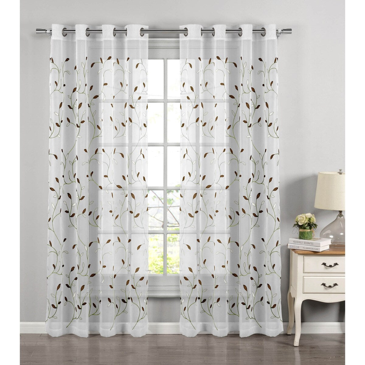 Wavy Leaves Embroidered Sheer Extra Wide Window Curtain (Single Panel)