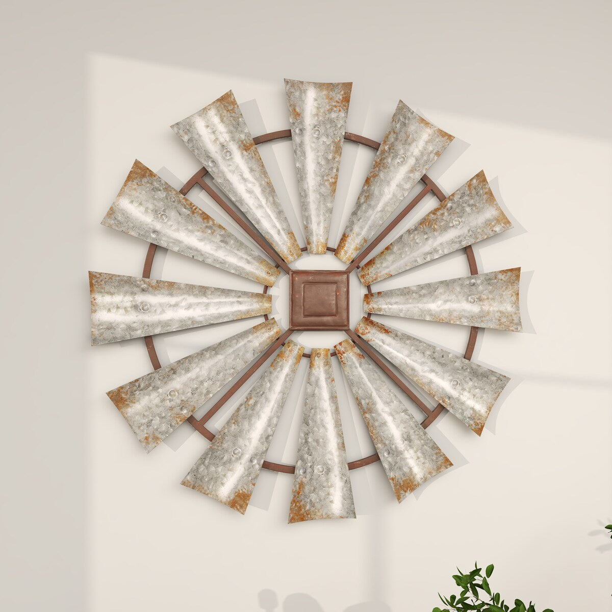 Metal Windmill Distressed Galvanized Home Wall Decor with Rust Frame - Silver - Roche River Decor