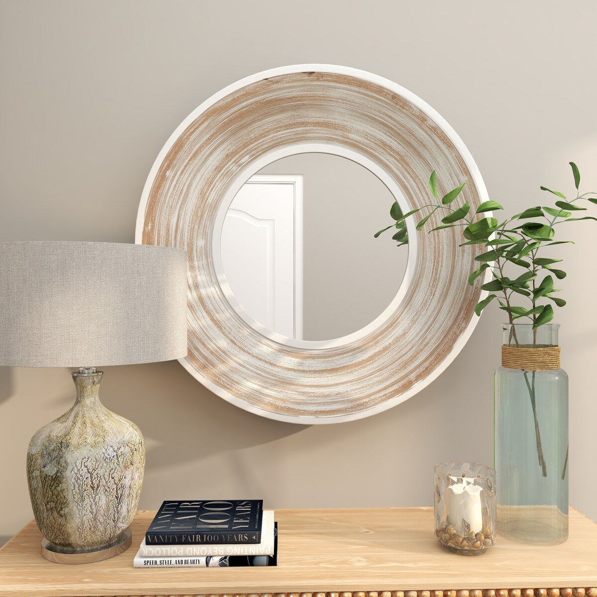 Wooden Room Wall Mirror with White Wash Effect - Cream - Roche River Decor