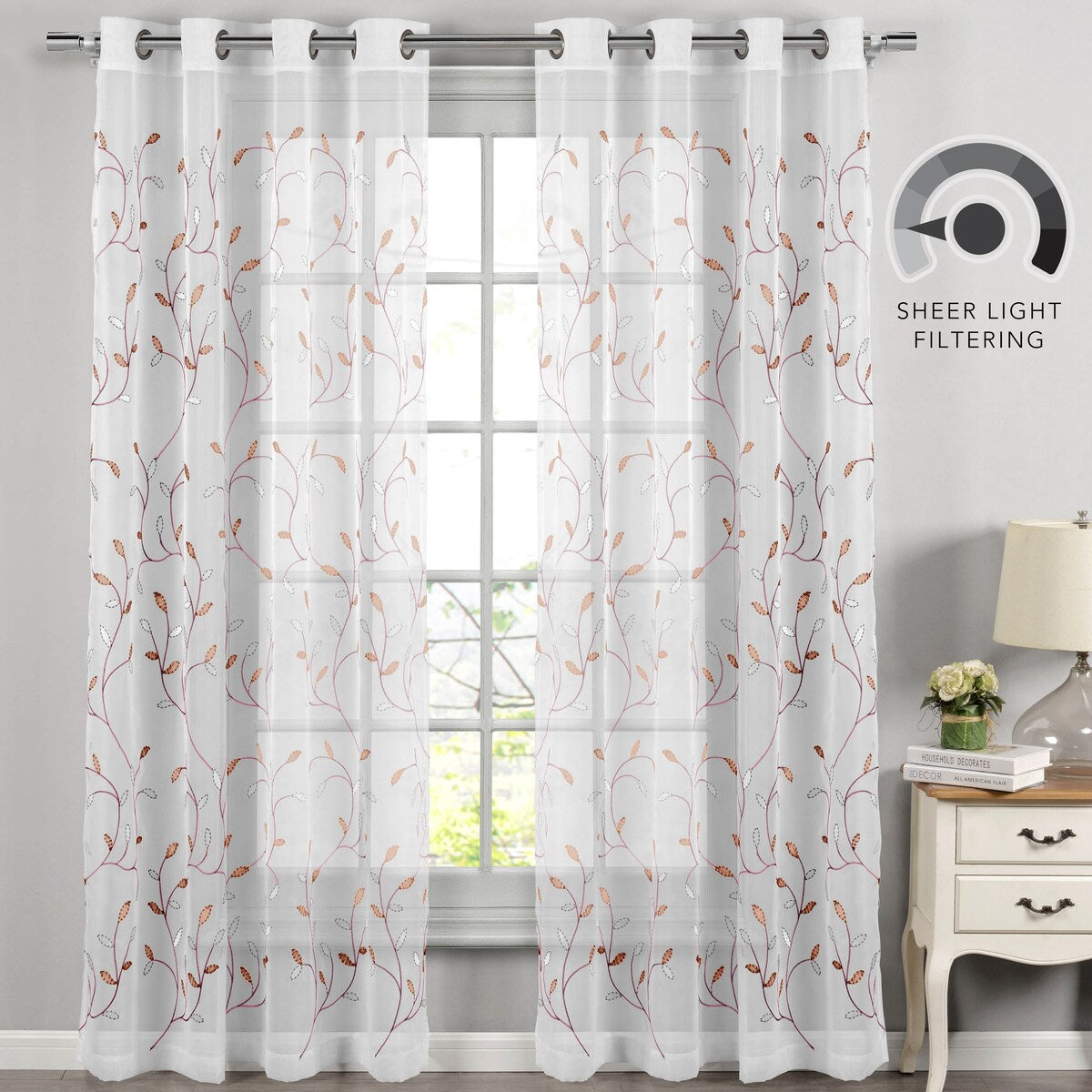 Wavy Leaves Embroidered Sheer Extra Wide Window Curtain (Single Panel)