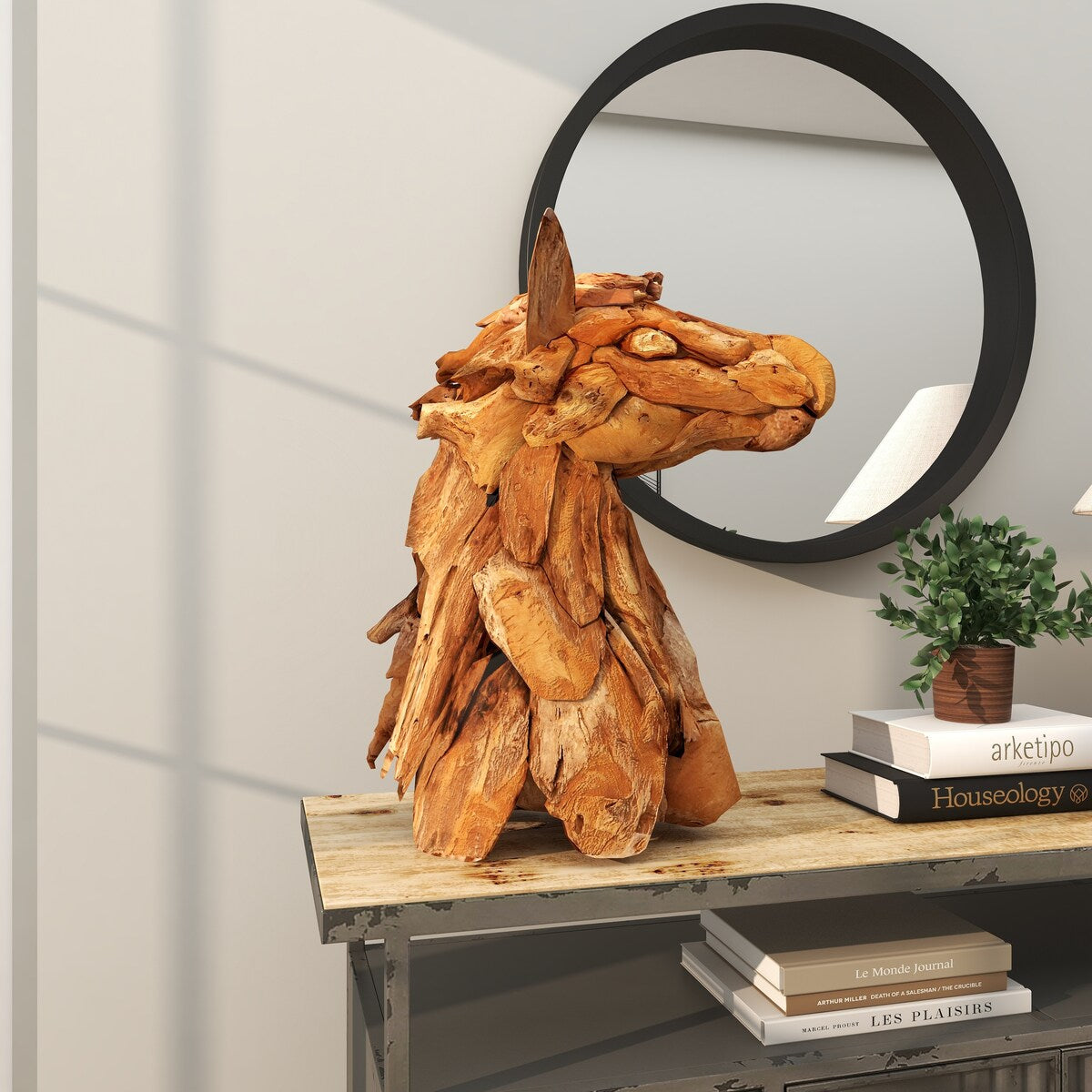 Teak Wood Horse Handmade Head Decorative Sculpture with Layered Woodchip Pieces - Brown - Roche River Decor