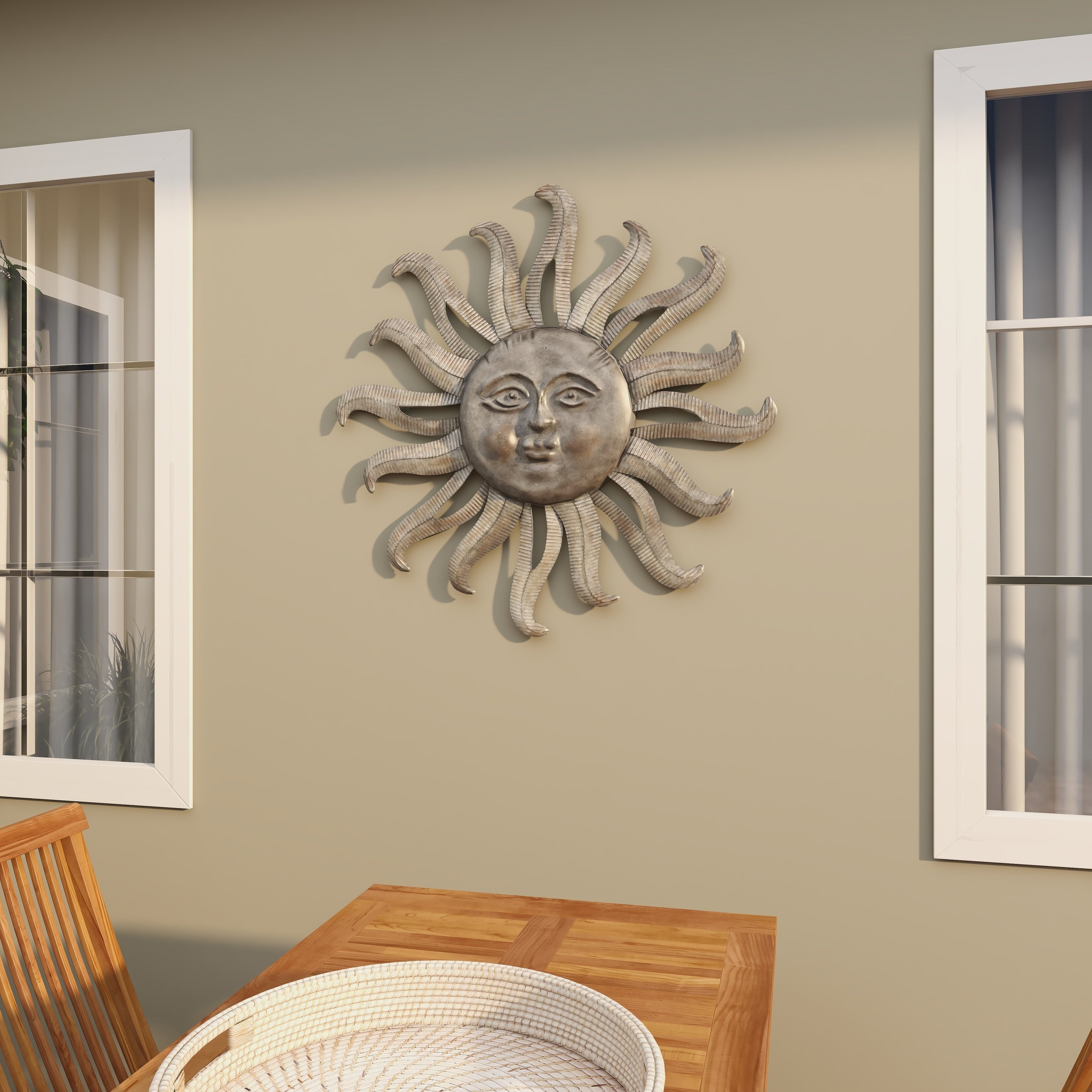 Metal Sun Indoor Outdoor Face Home Wall Decor with Ribbed Detailing - Gray - Roche River Decor