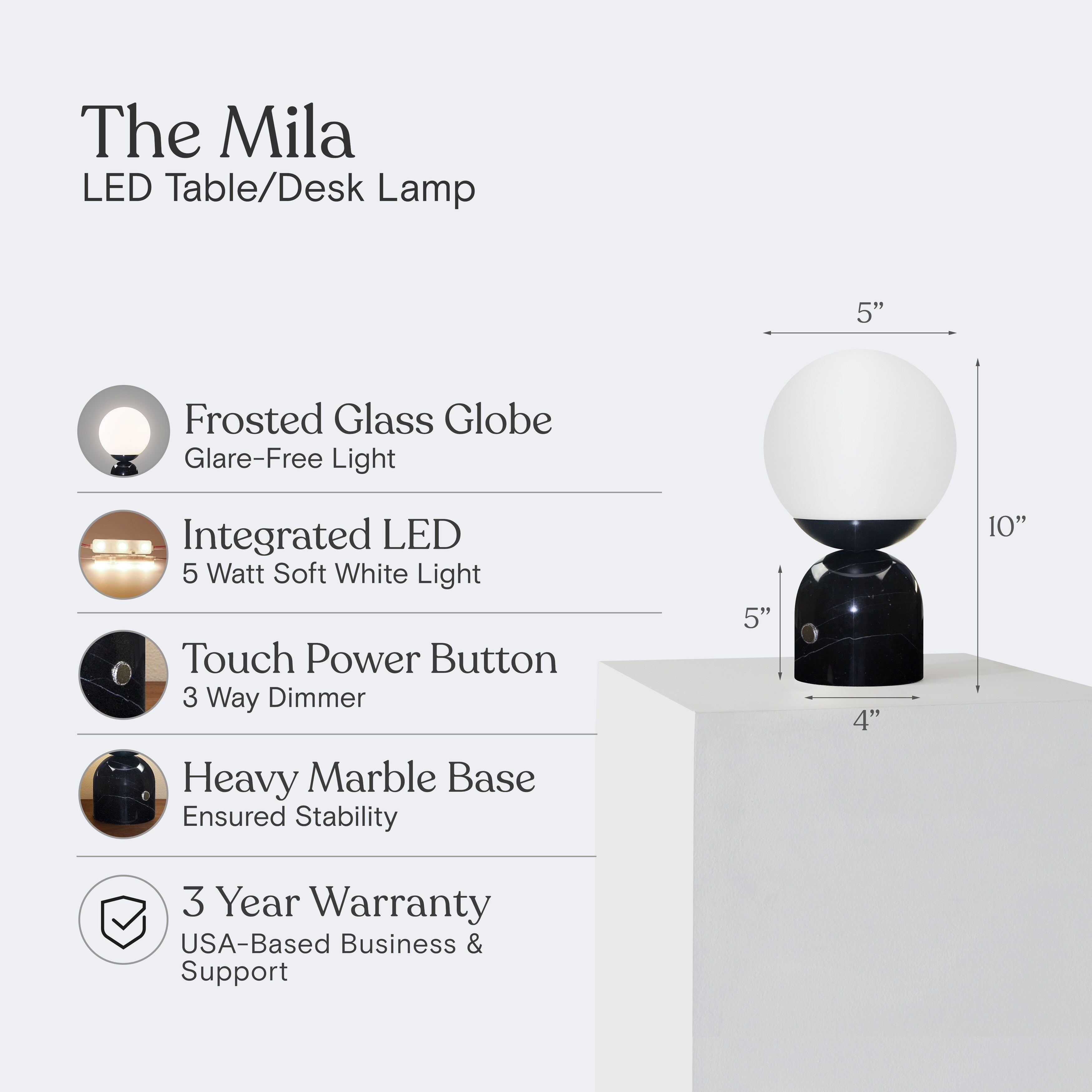 Brightech Mila 9.85 in. Mid-Century Modern Integrated LED Bedside Table Lamp with Built-In 3-Way Dimmer