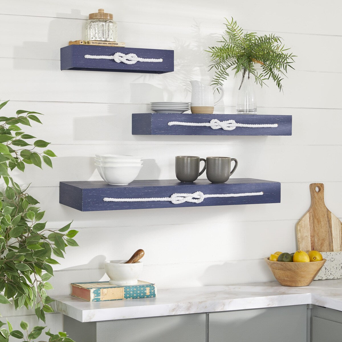 Wood Knot 3 Shelves Wall Shelf with Knotted Rope - Set of 3 Blue - Roche River Decor