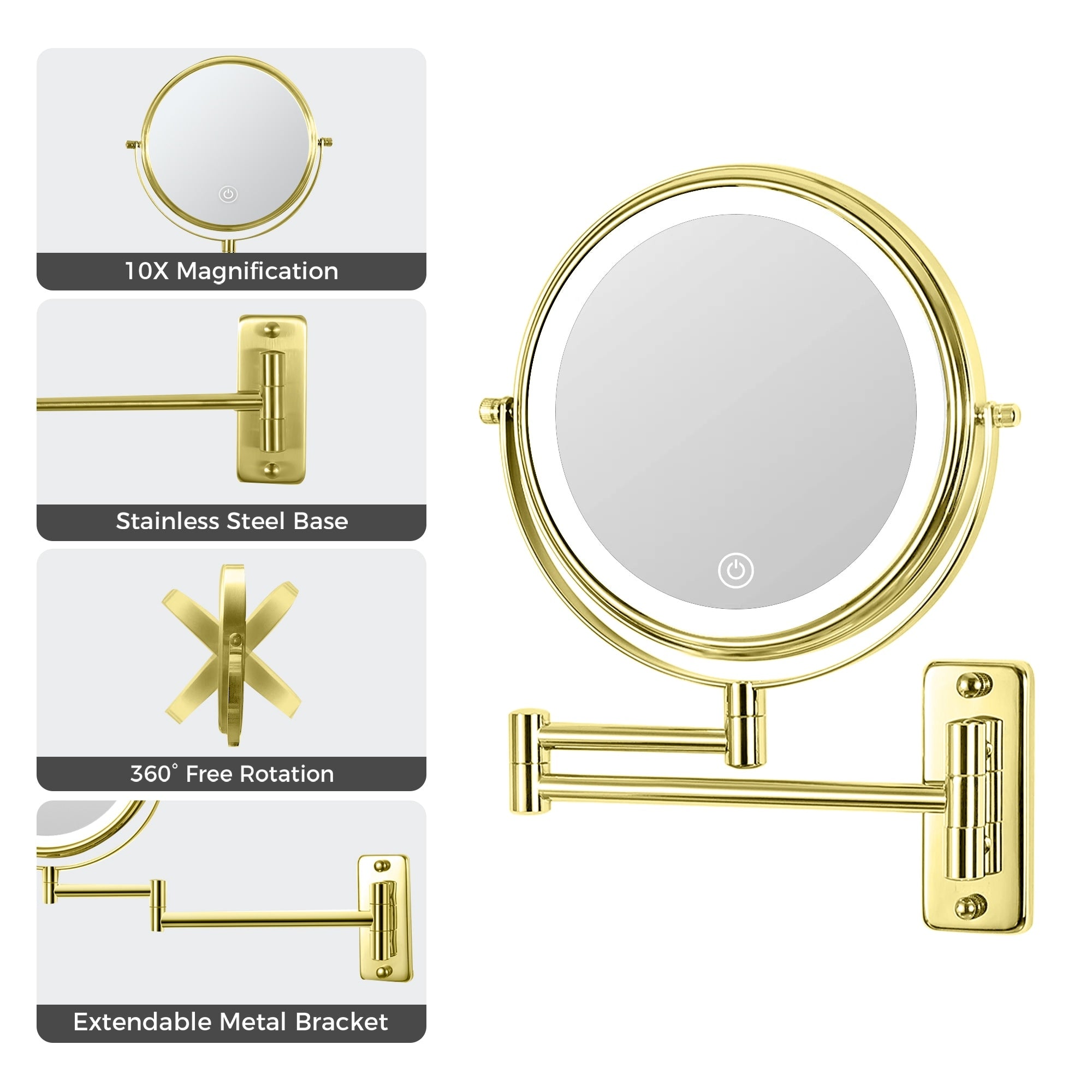 8 Round Wall Mount Bathroom Makeup Mirror, Rechargeable, Magnification 1x/10x, 3 Color Lights