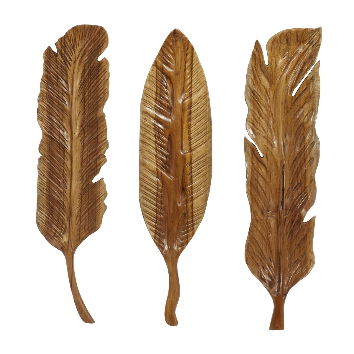 Teak Wood Bird Handmade Carved Feather Home Wall Decor - Set of 3 Brown - Roche River Decor