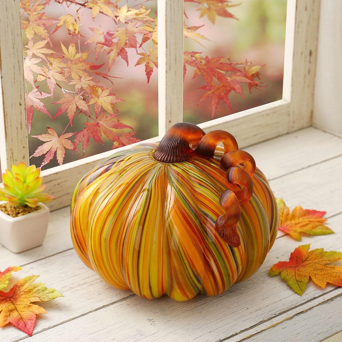 Glitzhome Fall Harvest Multi Striped Handblown Glass Pumpkins for Thanksgiving Decor