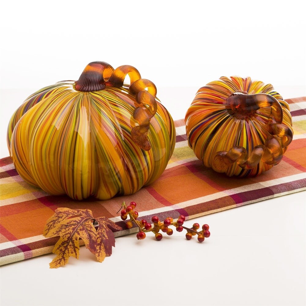 Glitzhome Fall Harvest Multi Striped Handblown Glass Pumpkins for Thanksgiving Decor