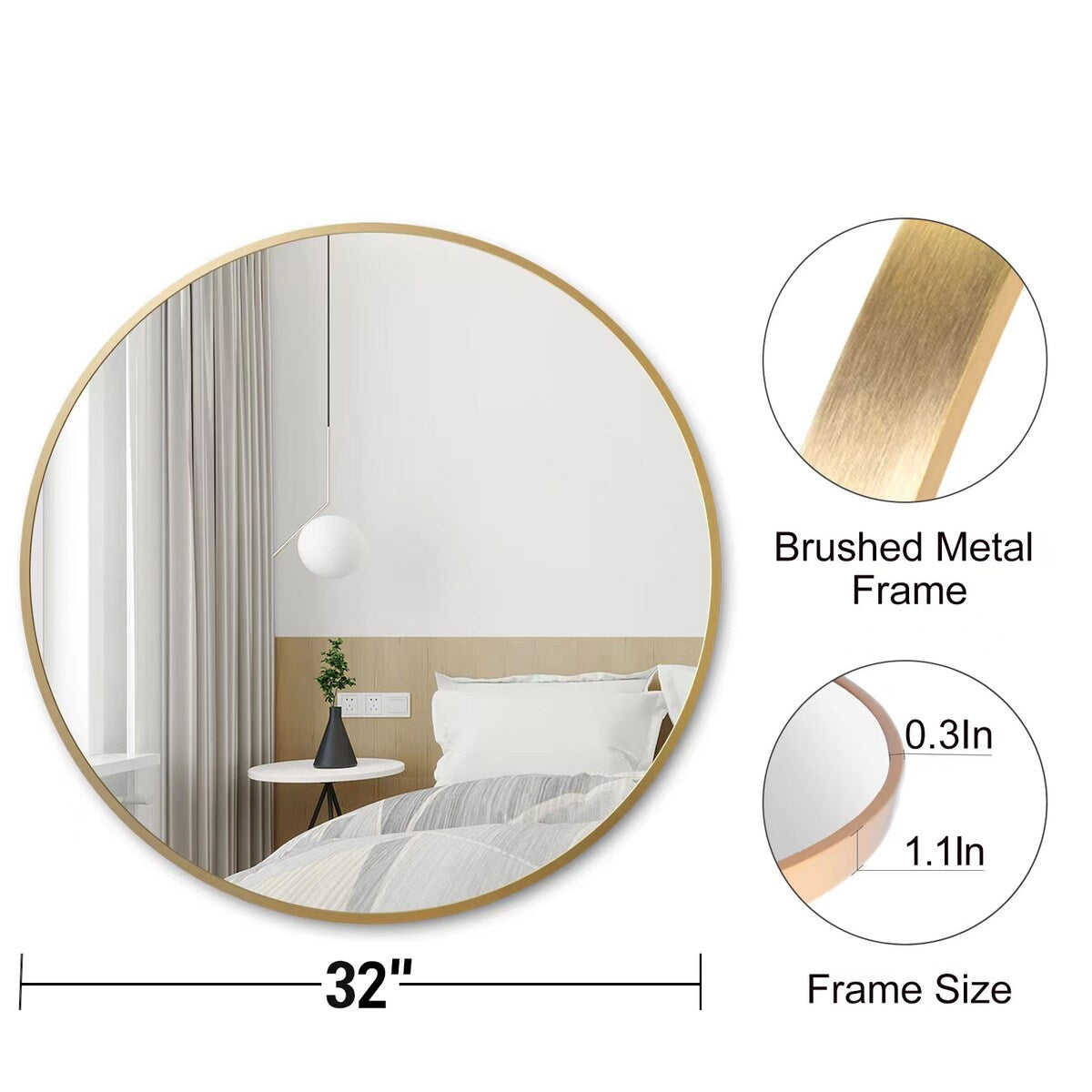 Round Mirror Wall Mounted, Circle Bathroom Vanity Wall Mirror with Metal Frame - 16/20/24/30/32/36