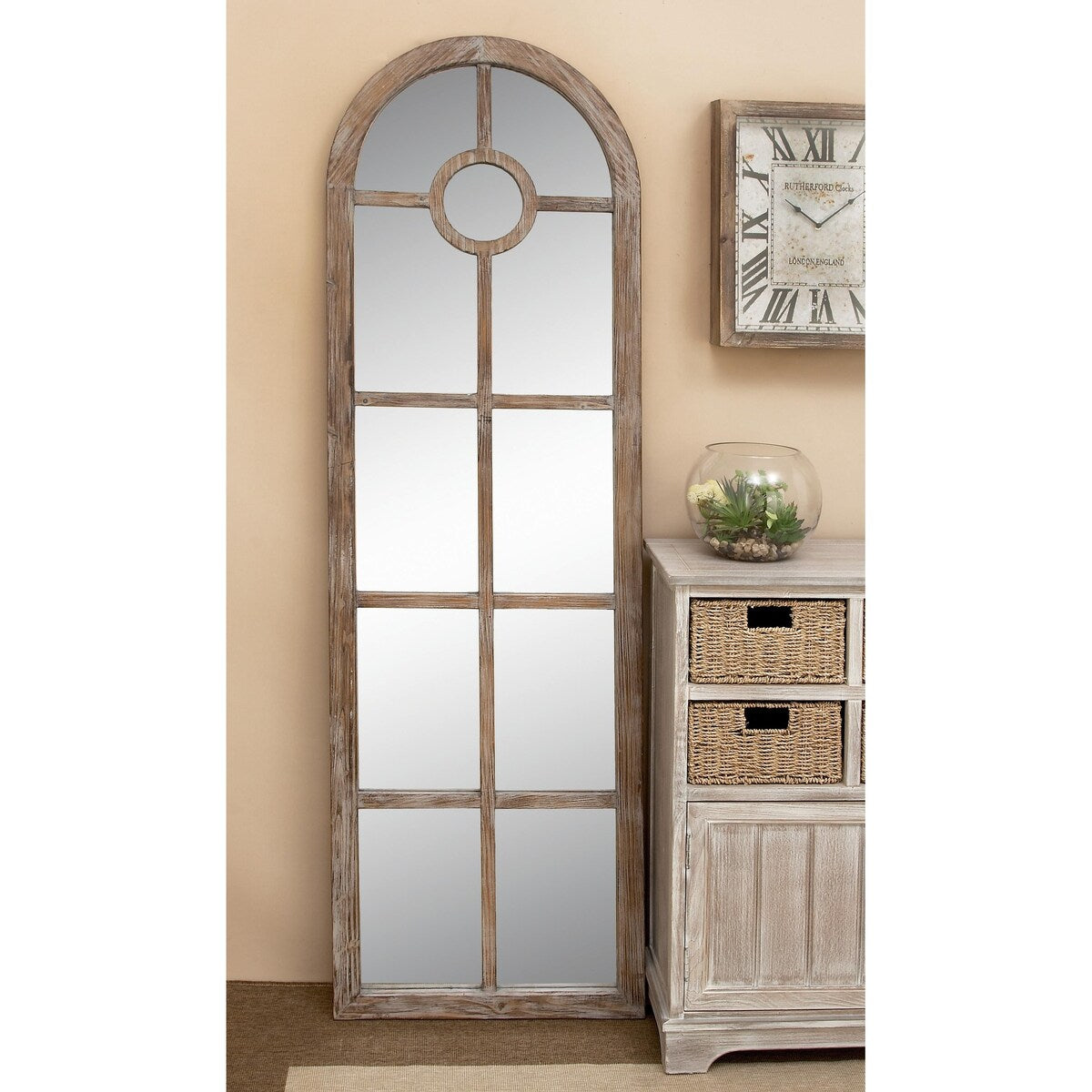 Wood Arched Window Pane Room Wall Mirror - Brown - Roche River Decor