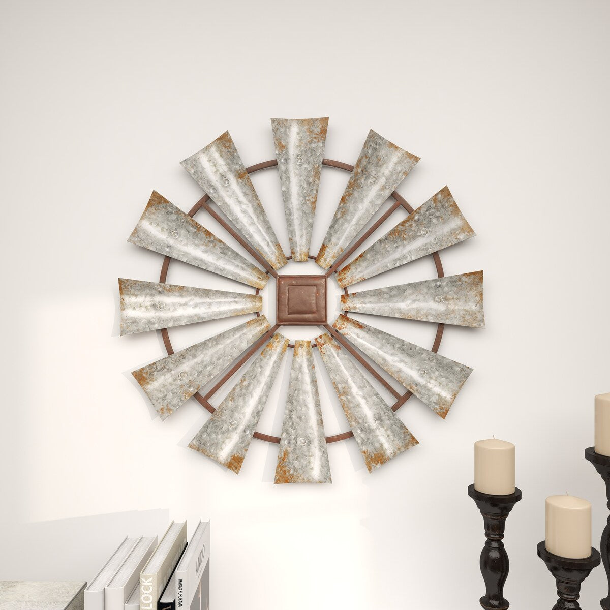 Metal Windmill Distressed Galvanized Home Wall Decor with Rust Frame - Silver - Roche River Decor