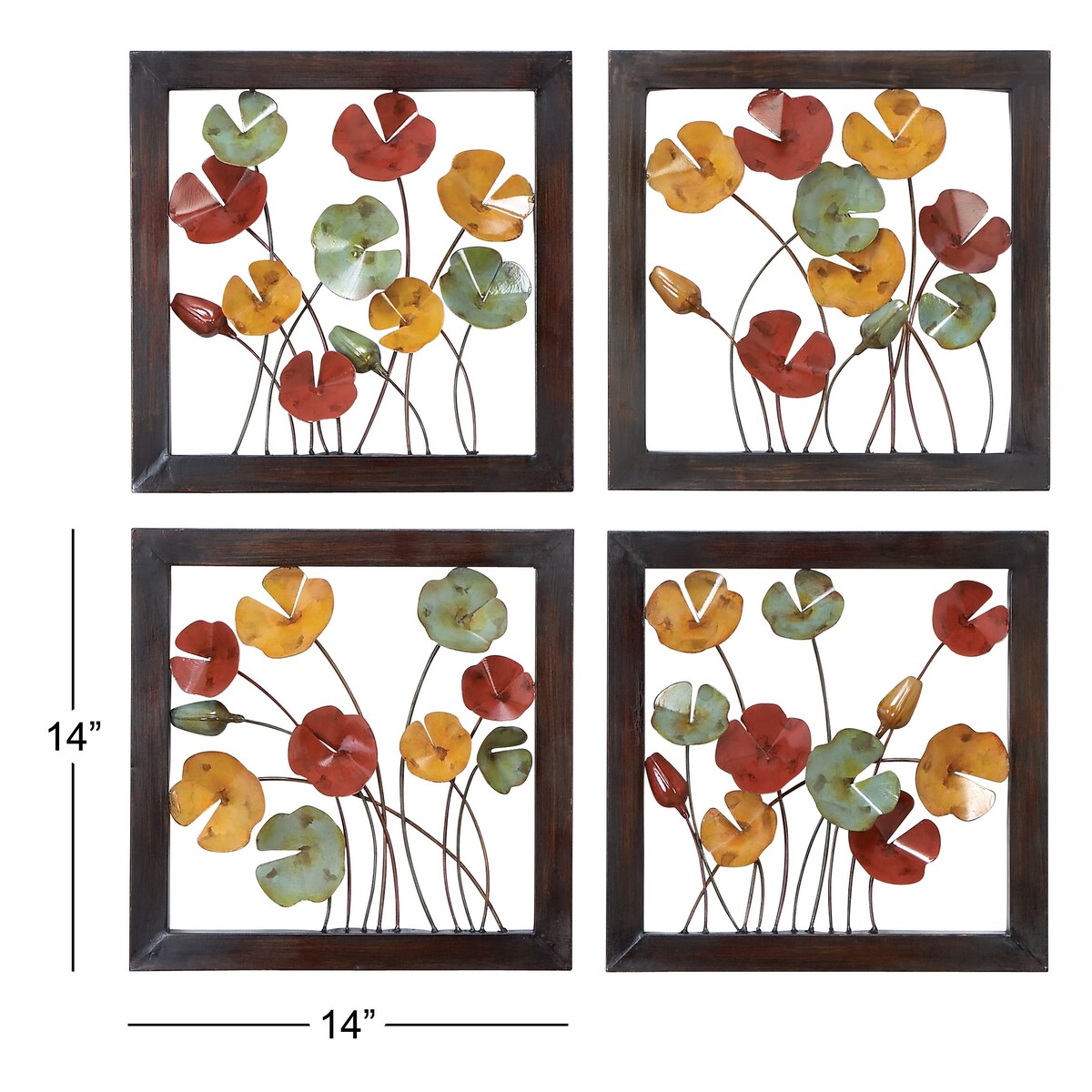 Metal Floral Home Wall Decor with Black Frame - Set of 4 Multi Colored - Roche River Decor