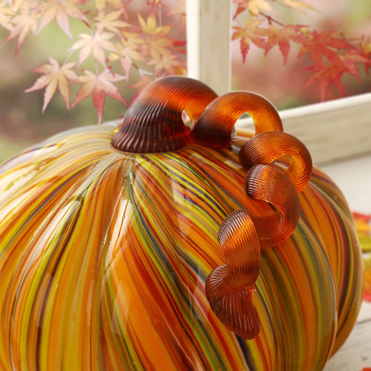 Glitzhome Fall Harvest Multi Striped Handblown Glass Pumpkins for Thanksgiving Decor