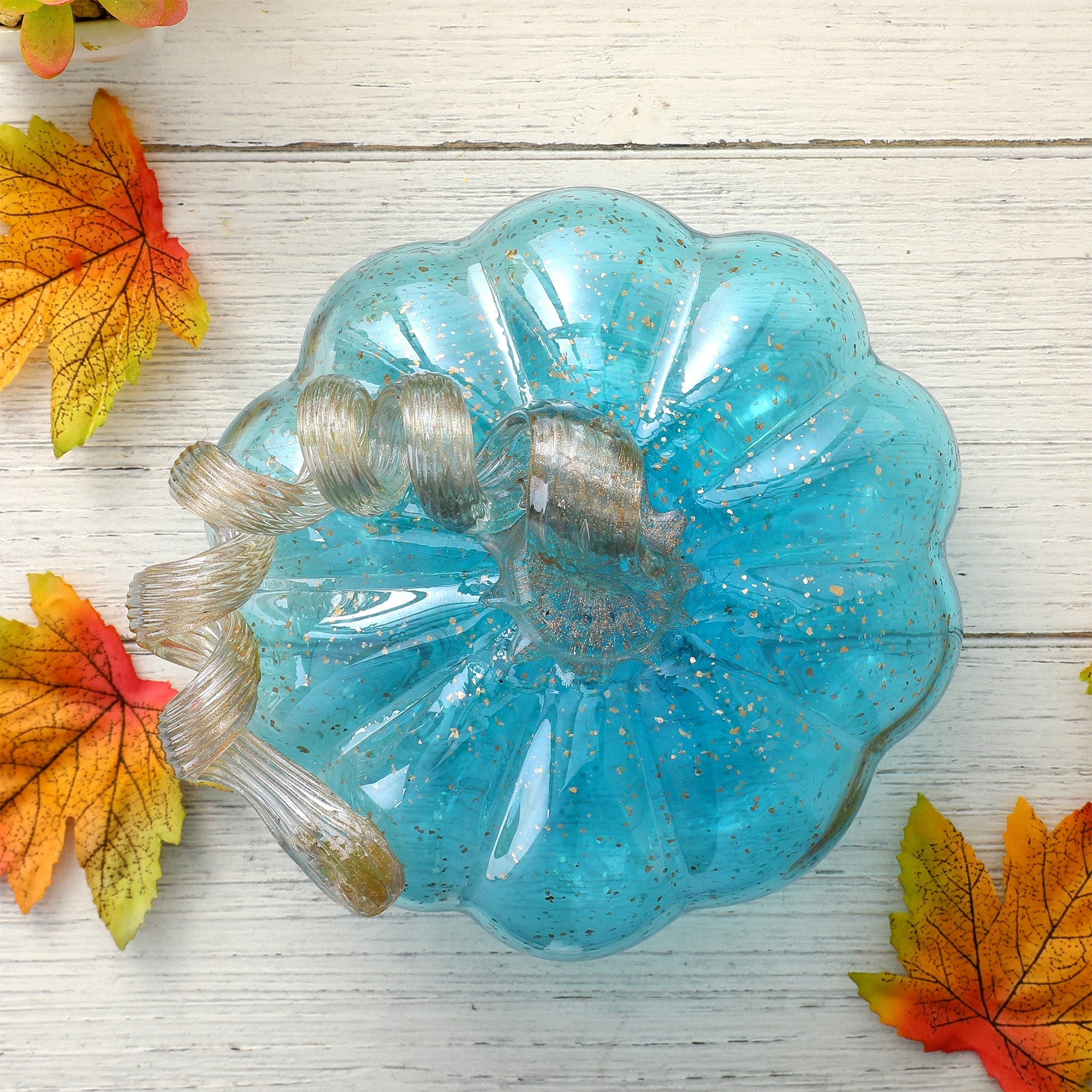 Glitzhome Hand Blown Blue Glass Pumpkin Thanksgiving Table Decor Christmas Gifts