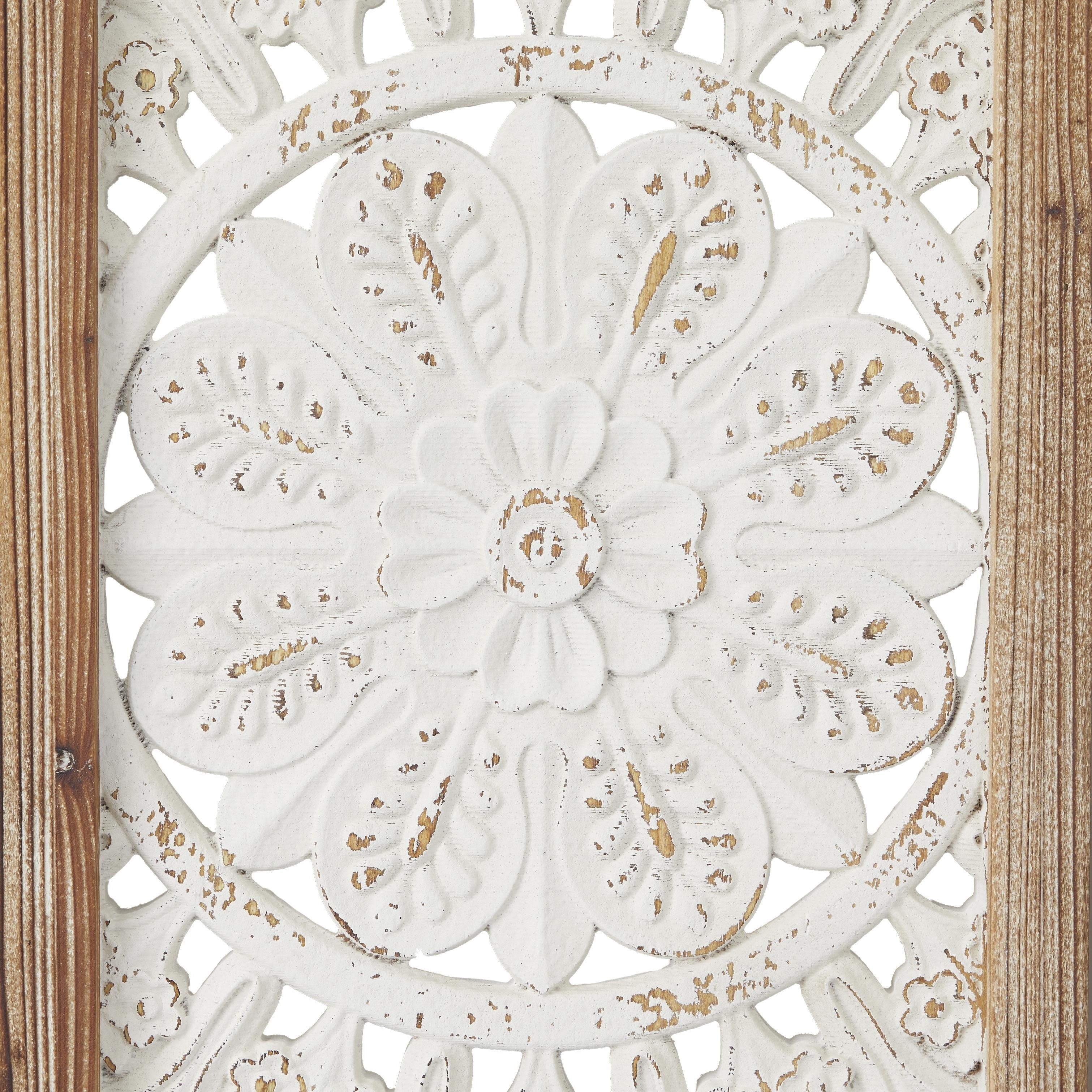 Wood Floral Intricately Carved Home Wall Decor with Mandala Design - Set of 3 White - Roche River Decor