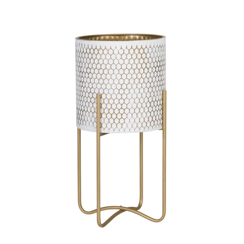 Honeycomb Mid-Century Modern Indoor Metal Pot Planter with Tall Metal Base