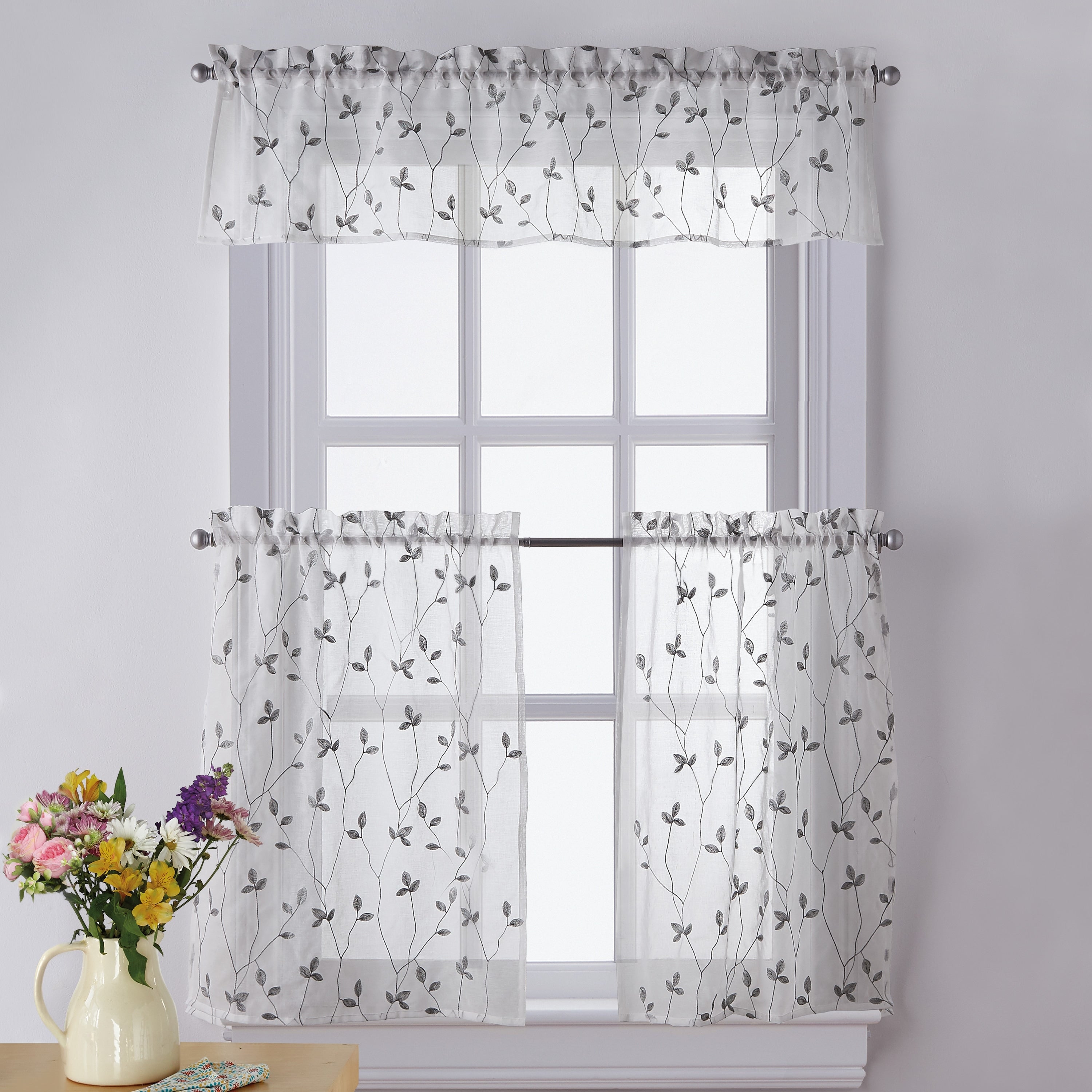 Curtainworks Botanical Embroidery Valance and Tier Pair Curtain Collection