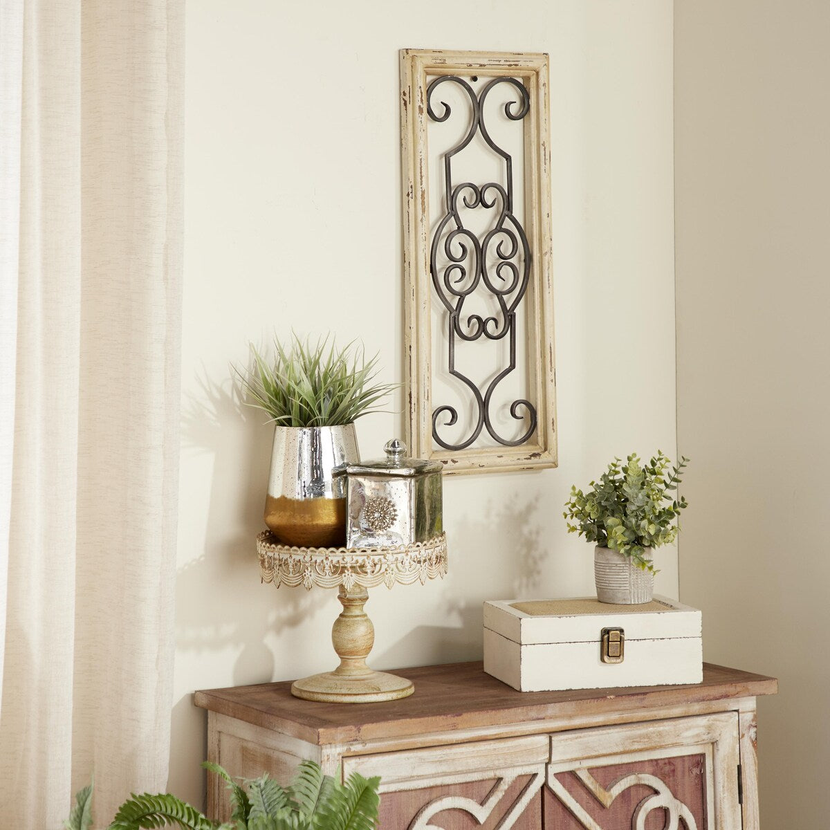 Wood Scroll Small Panel Home Wall Decor with Black Metal Scrollwork - White - Roche River Decor