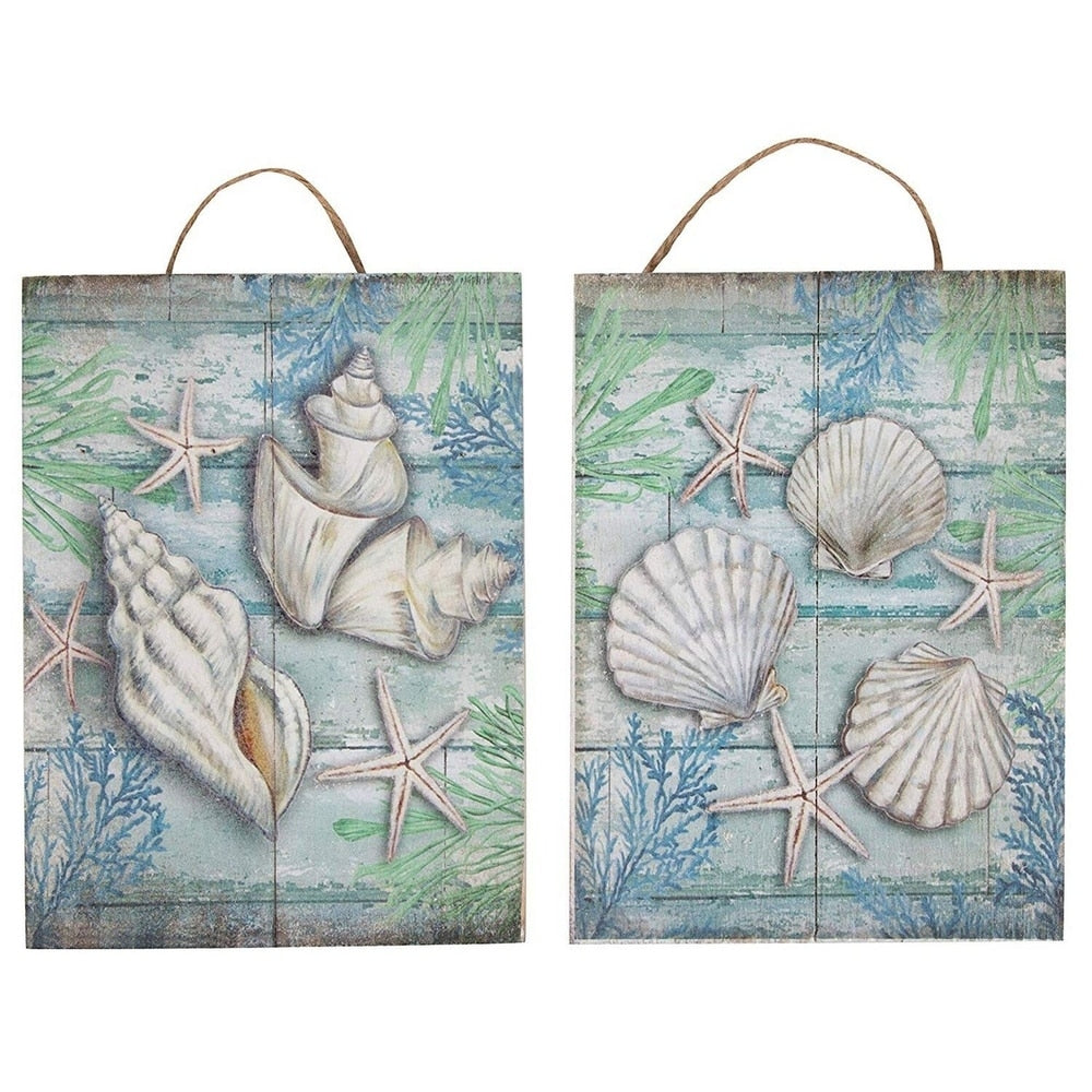 2 Small Hanging Decorations Wooden Wall Ornament Under The Sea Seashells Design