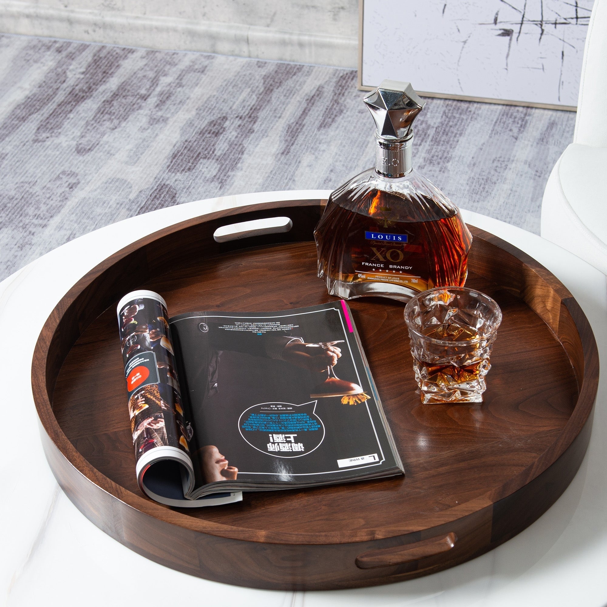 Round Black Walnut Wood Serving Tray Ottoman Tray with Handles