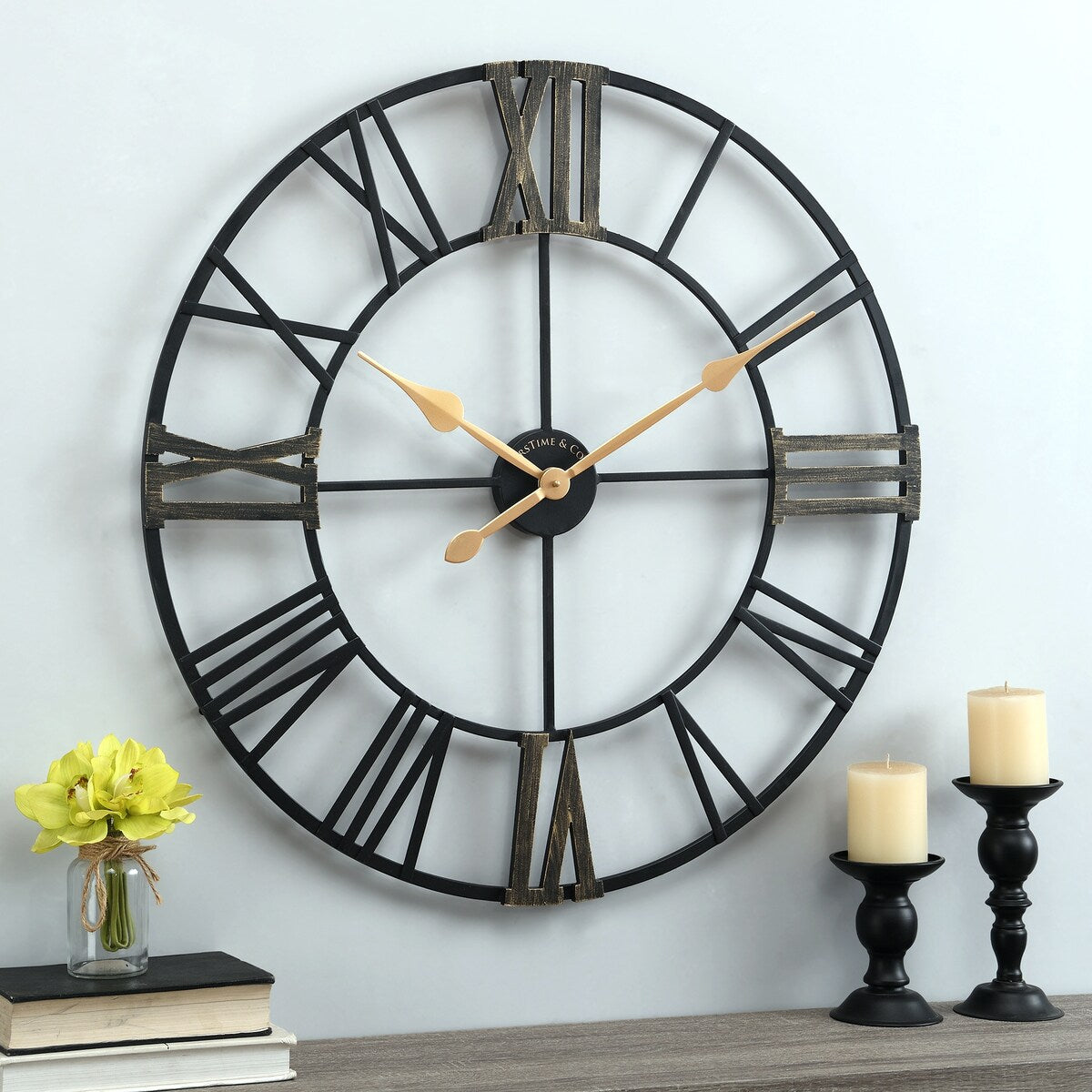 FirsTime & Co. Black Bradshaw Roman Farmhouse Round Wall Clock, Metal Frame, Open Face