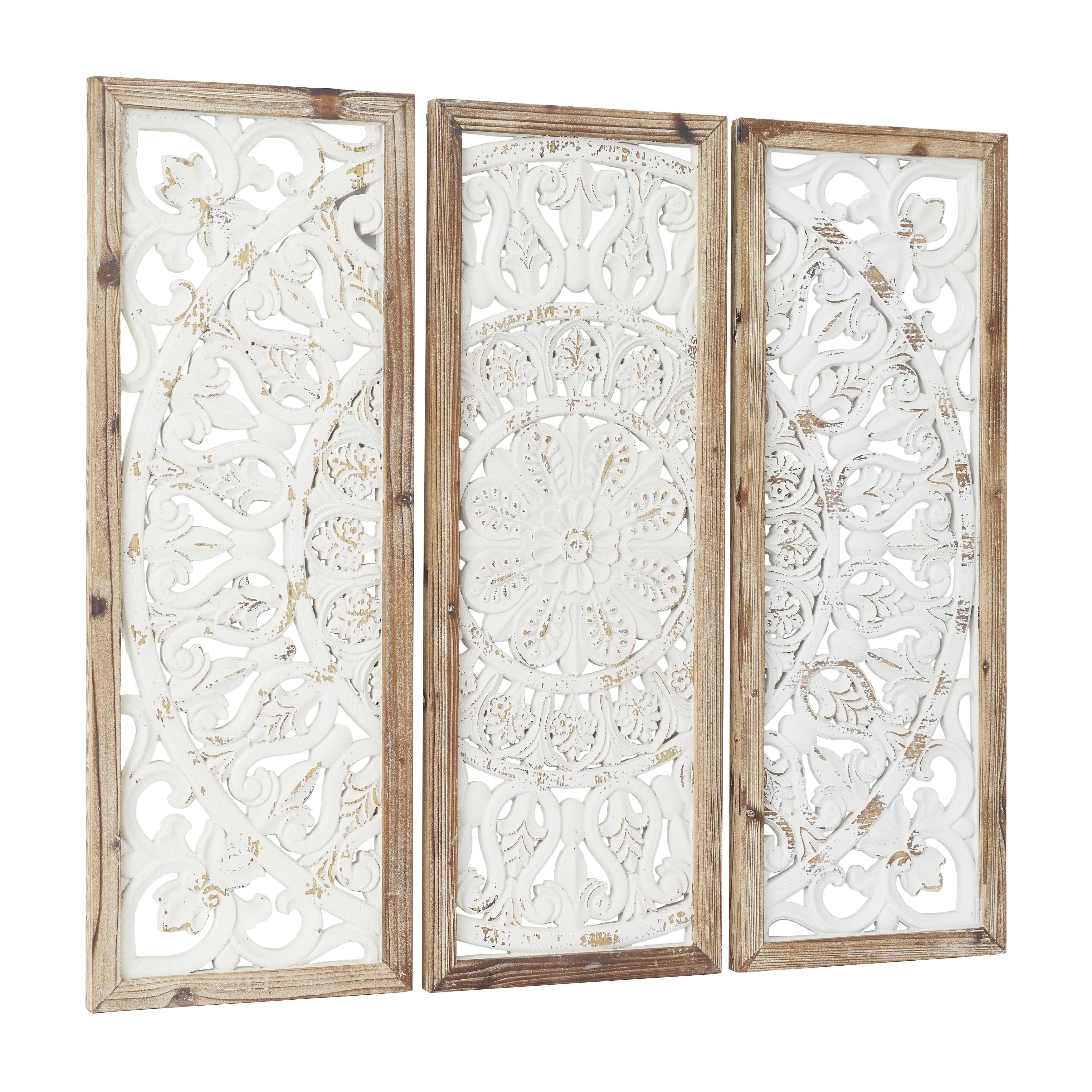 Wood Floral Intricately Carved Home Wall Decor with Mandala Design - Set of 3 White - Roche River Decor