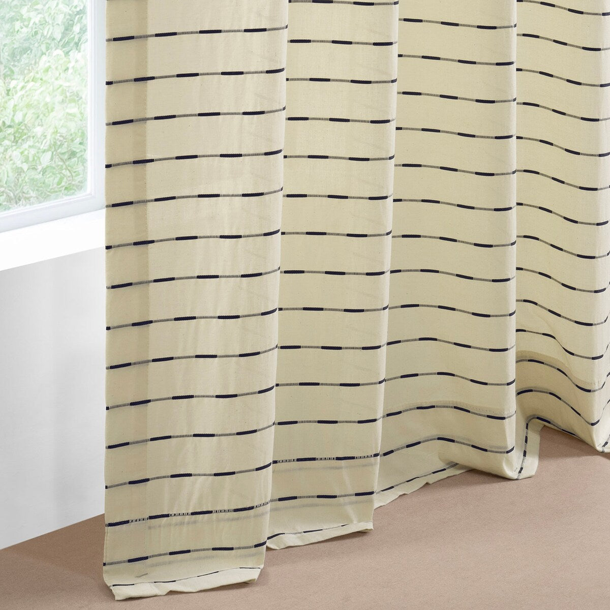 Exclusive Fabrics Striped Blue Linear Cotton Light Filtering Curtains For Bedroom & Living Room Curtains Pair (2 Panels)