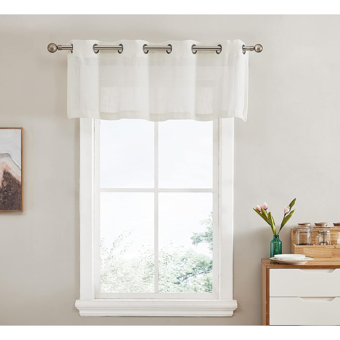 HLC.me Abbey Faux Linen Textured Semi Sheer Grommet Curtain Tiers Valance Small Windows, Bedroom & Bathroom