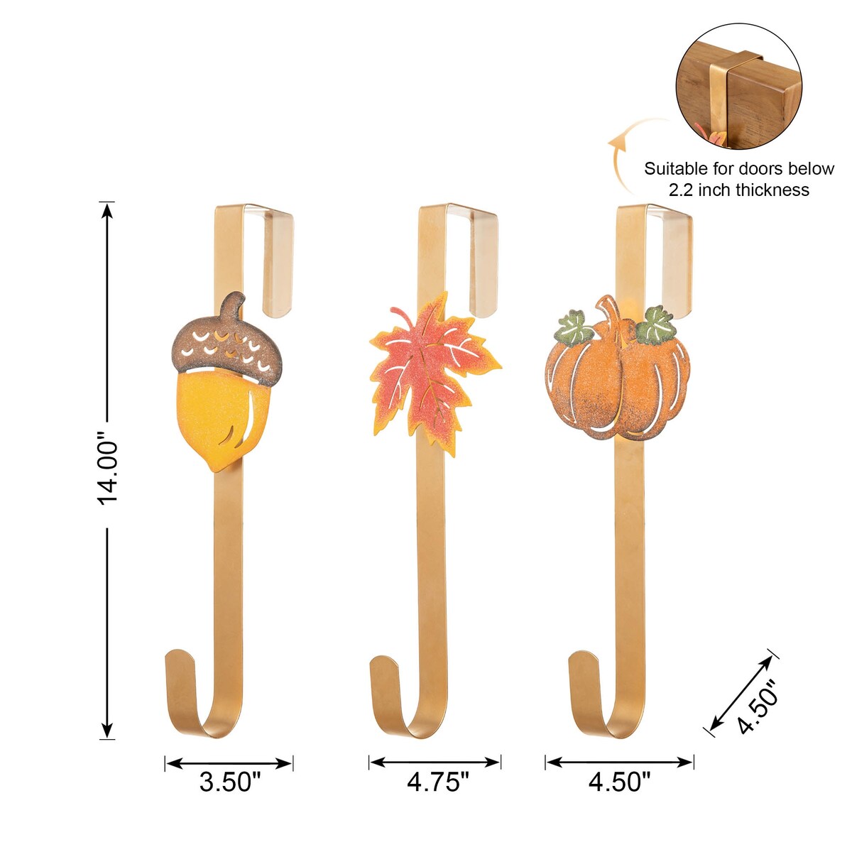 Glitzhome Set of 3 Fall Metal Glitter Acorn Leaf Pumpkin Wreath Hangers for Thanksgiving