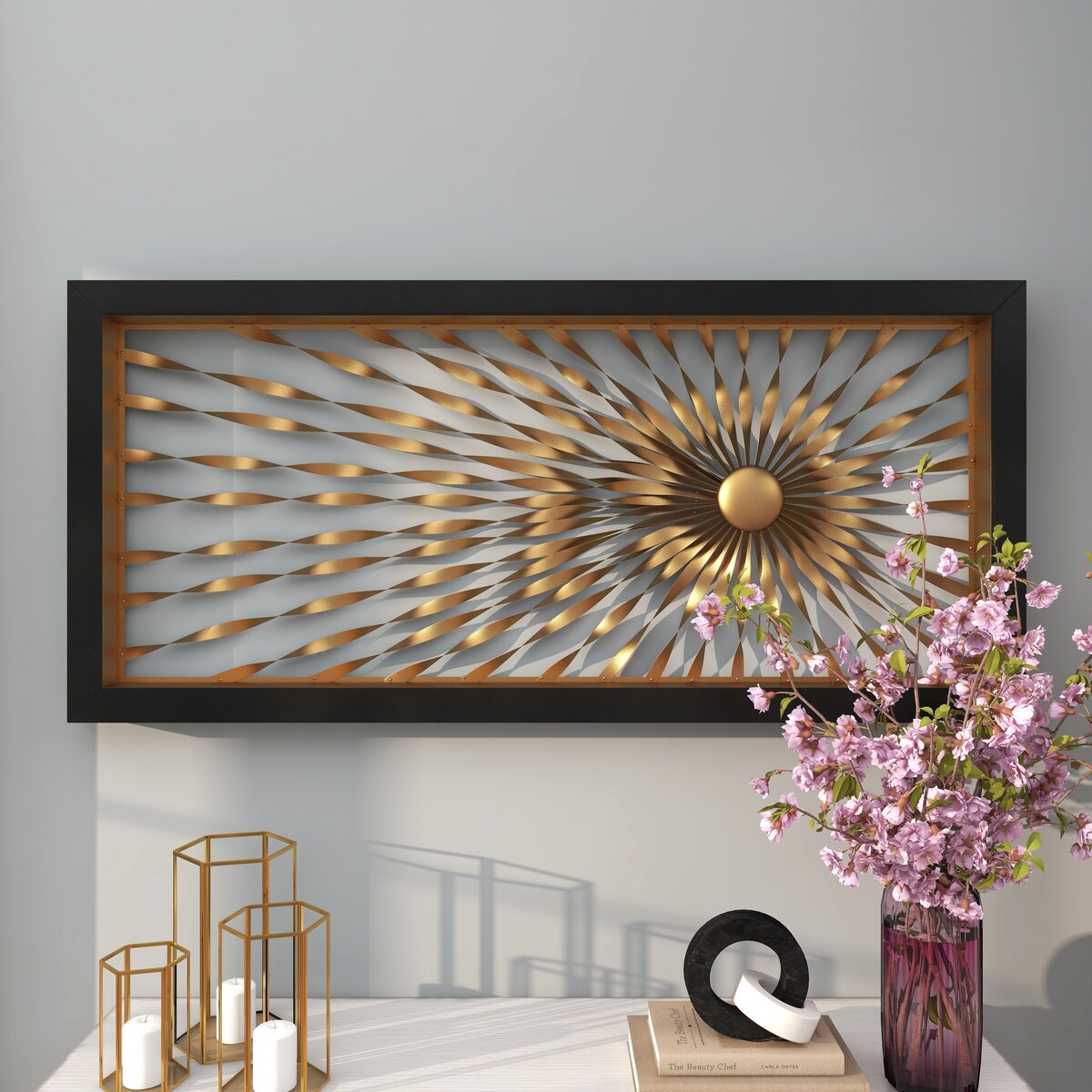 Metal Sunburst Coiled Ribbon Home Wall Decor with Black Frame - Gold - Roche River Decor