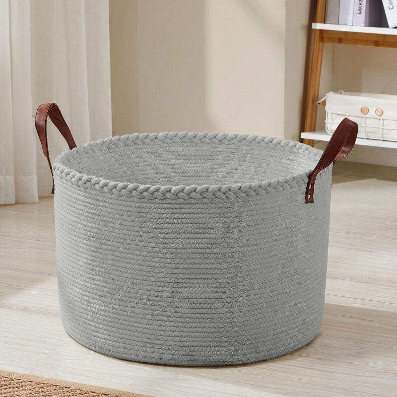 Large Round Cotton Rope Storage Basket Laundry Hamper with Leather Handles, 21 x 21 x 14 - 21 x 21 x 14