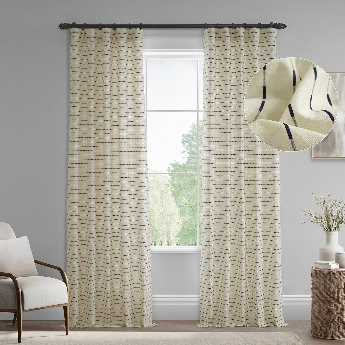 Exclusive Fabrics Striped Blue Linear Cotton Light Filtering Curtains For Bedroom & Living Room Curtains Pair (2 Panels)