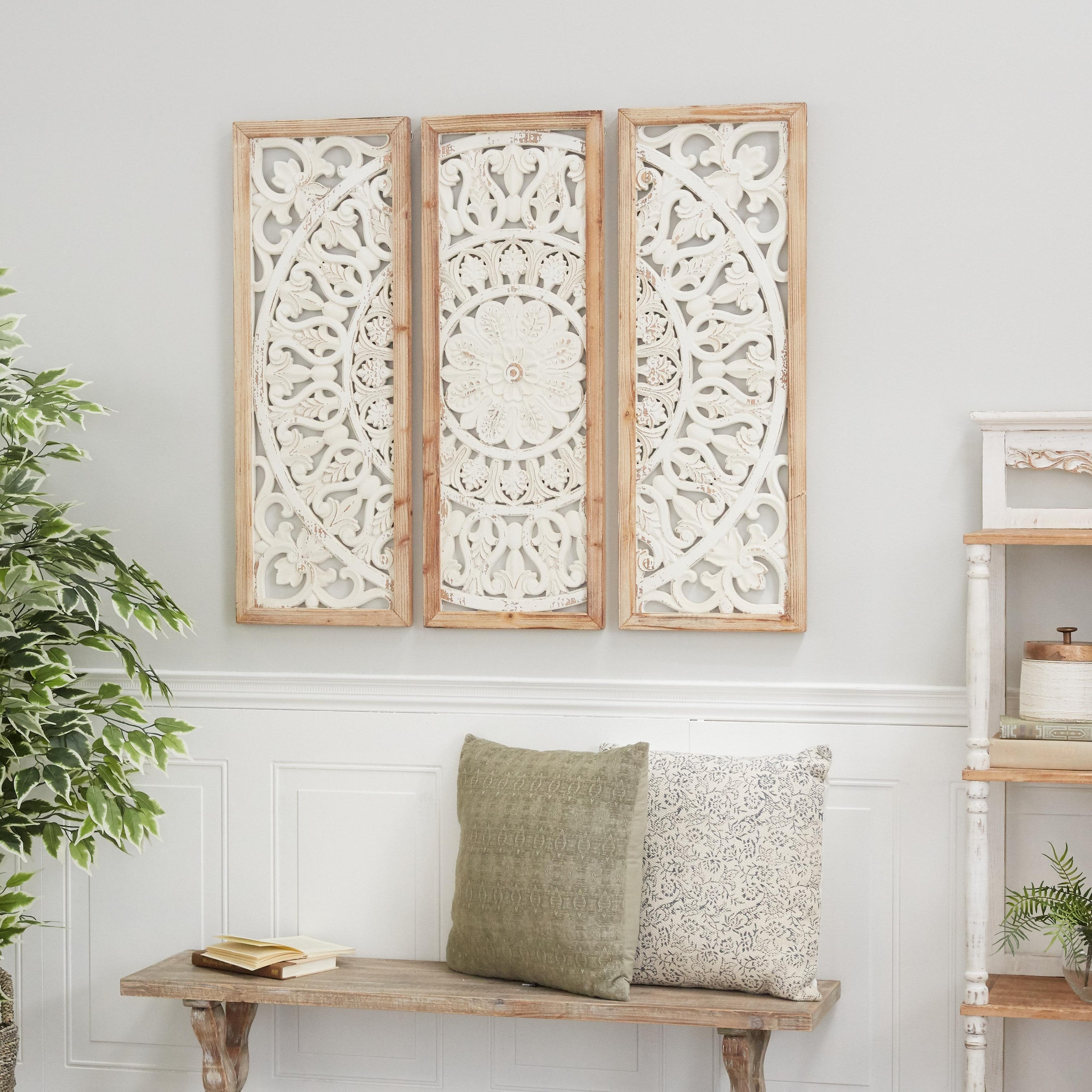 Wood Floral Intricately Carved Home Wall Decor with Mandala Design - Set of 3 White - Roche River Decor