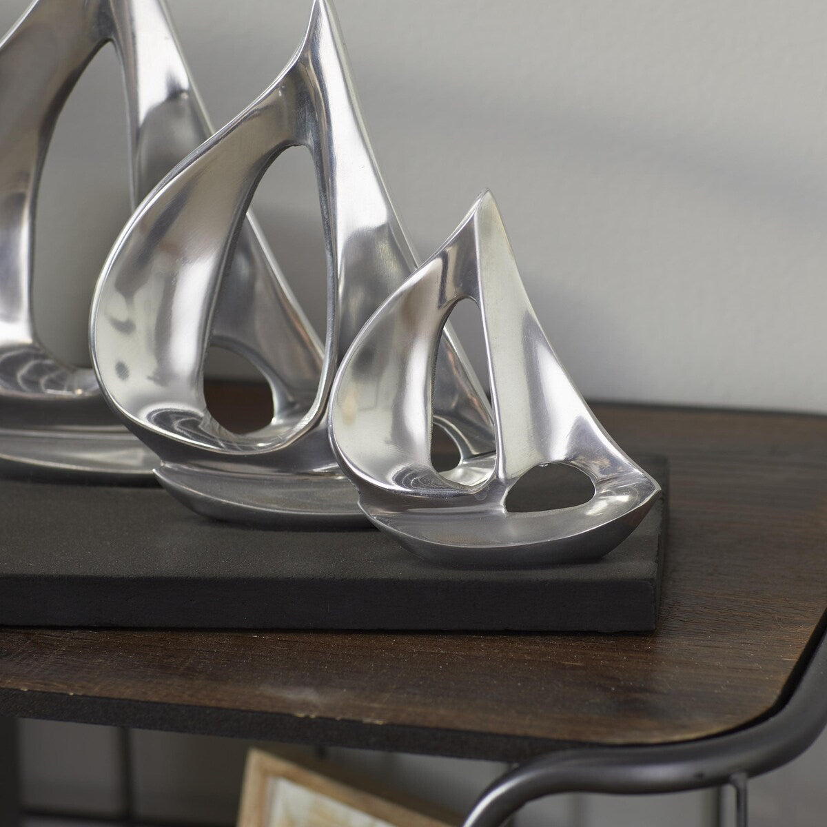 Aluminum Metal Sail Boat Decorative Sculpture with Black Base - Silver - Roche River Decor