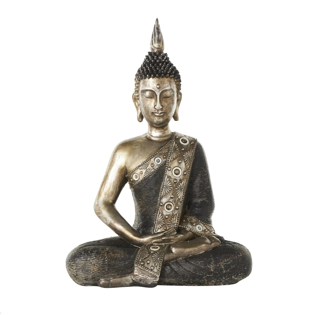 Polystone Buddha Meditating Decorative Sculpture with Engraved Carvings and Relief Detailing - Brass - Roche River Decor